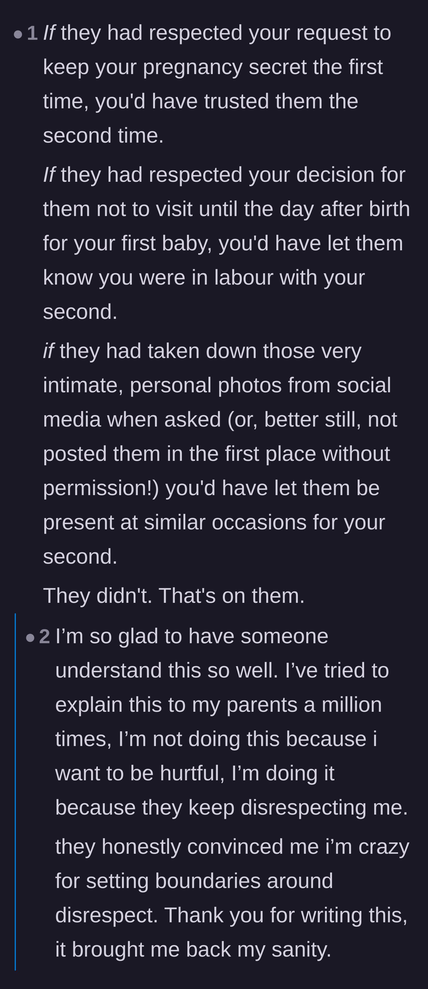 Comment thread 3 - A logical breakdown explaining that the parents' current exclusion is a direct consequence of their past boundary violations.