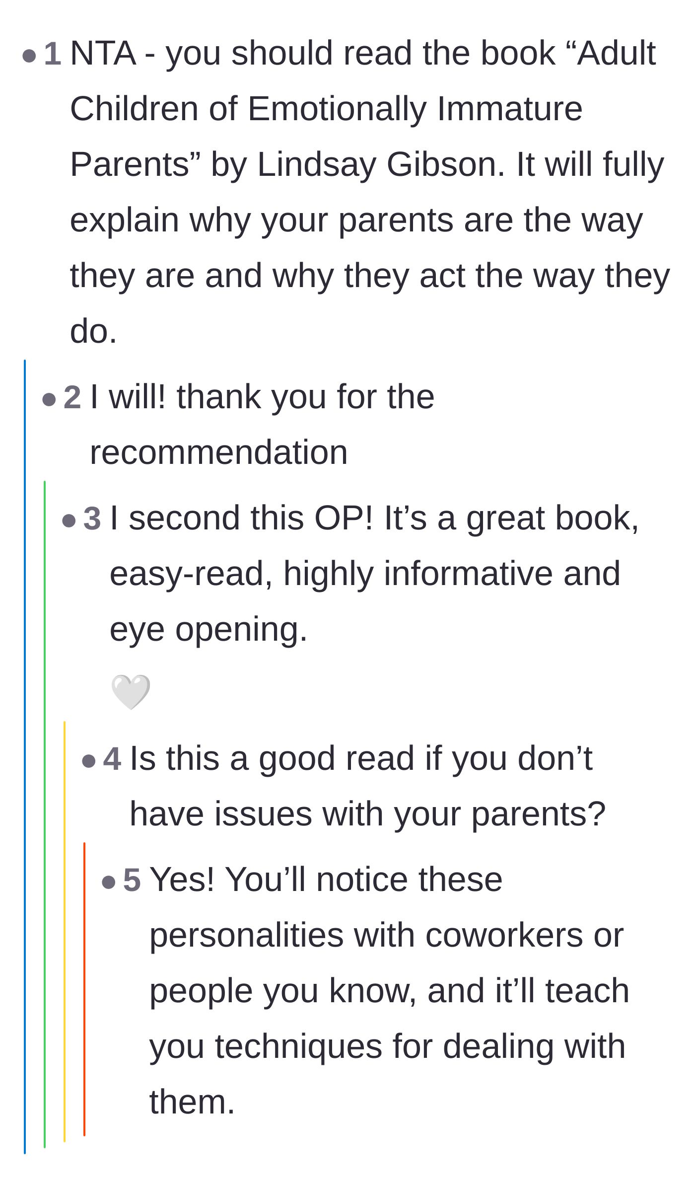 Comment thread 4 - Readers overwhelmingly recommend the book 'Adult Children of Emotionally Immature Parents' as a survival guide for the main character.