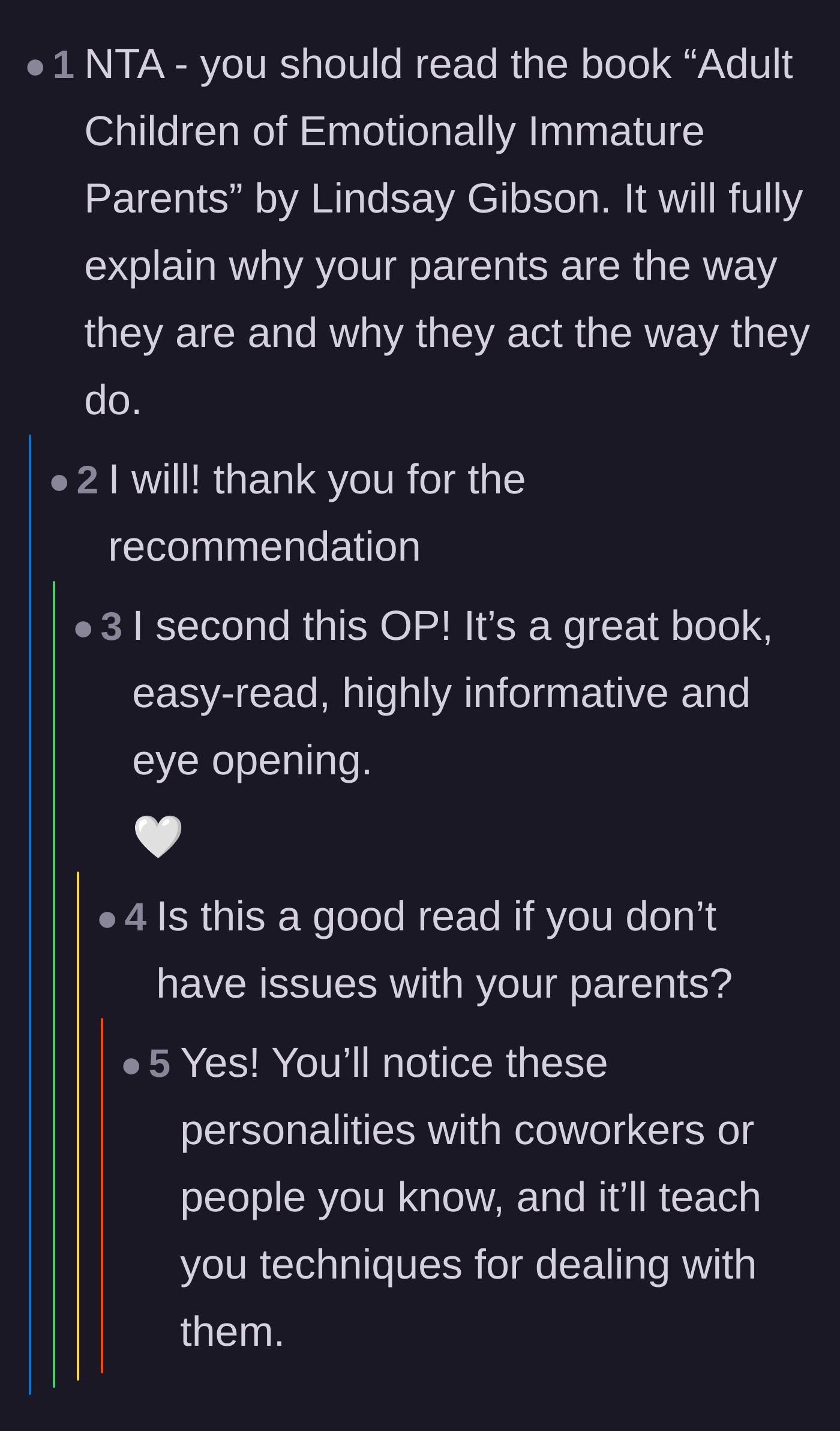 Comment thread 4 - Readers overwhelmingly recommend the book 'Adult Children of Emotionally Immature Parents' as a survival guide for the main character.