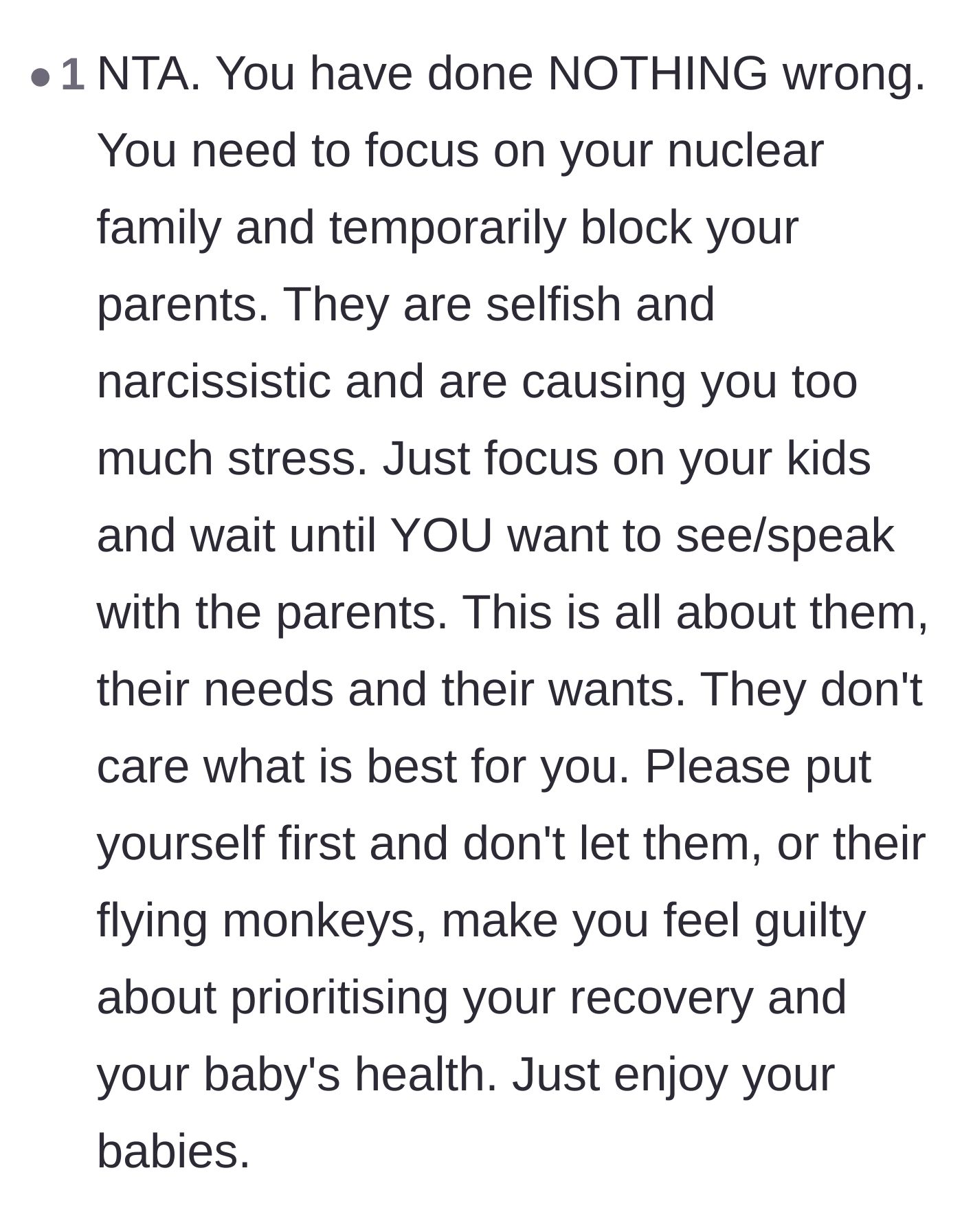 Comment thread 6 - Unwavering support urging the main character to block the noise, drop the guilt, and prioritize her baby's health.