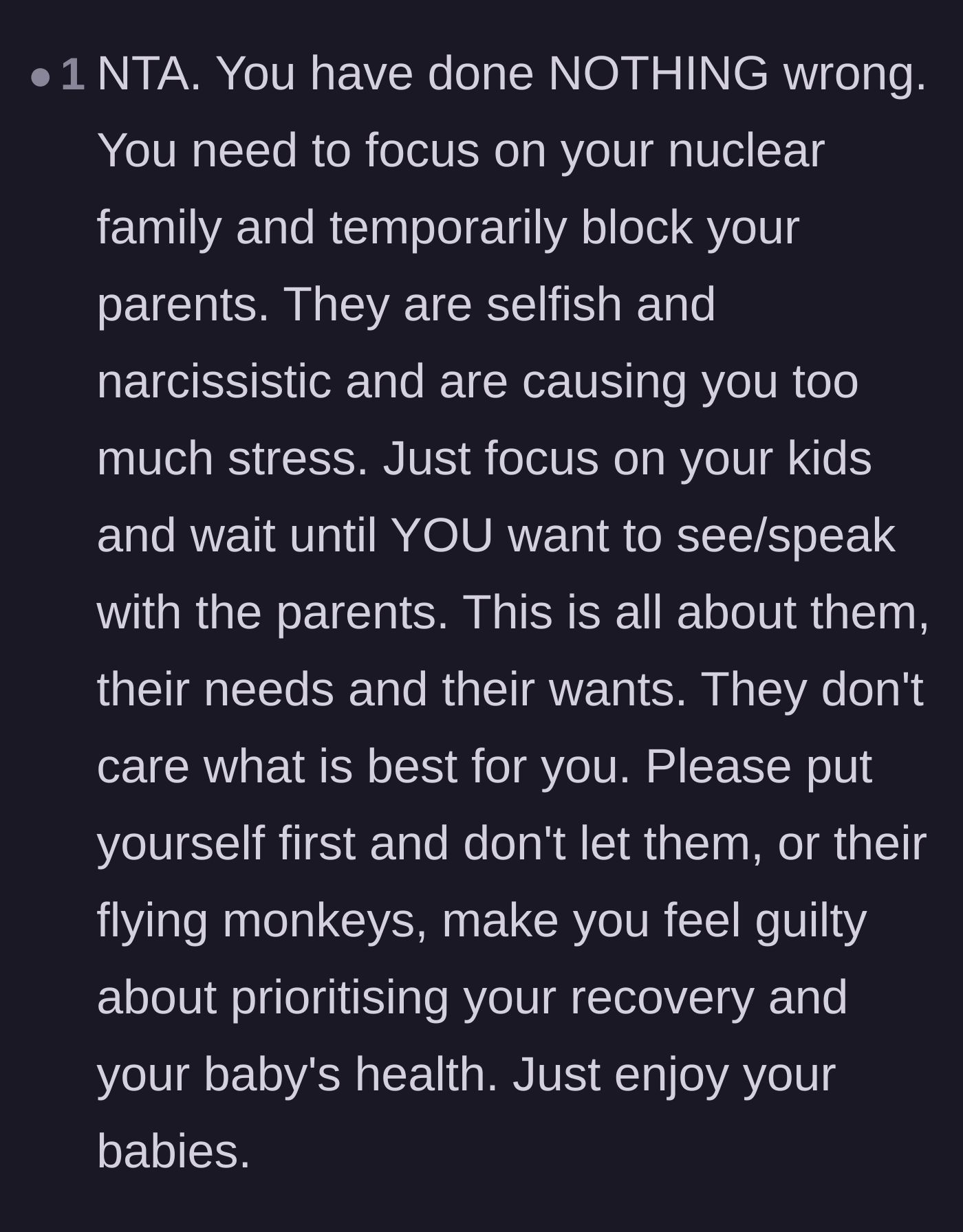 Comment thread 6 - Unwavering support urging the main character to block the noise, drop the guilt, and prioritize her baby's health.