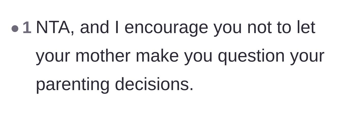 Comment thread 1 - Advice on trusting your own parenting instincts over a mother's guilt trip