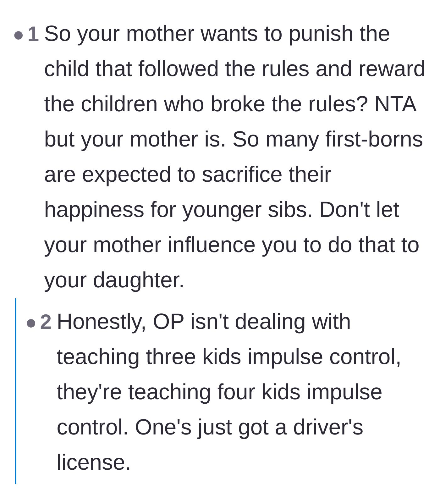 Comment thread 4 - Calling out the grandmother's entitled expectation for the eldest to sacrifice her treats