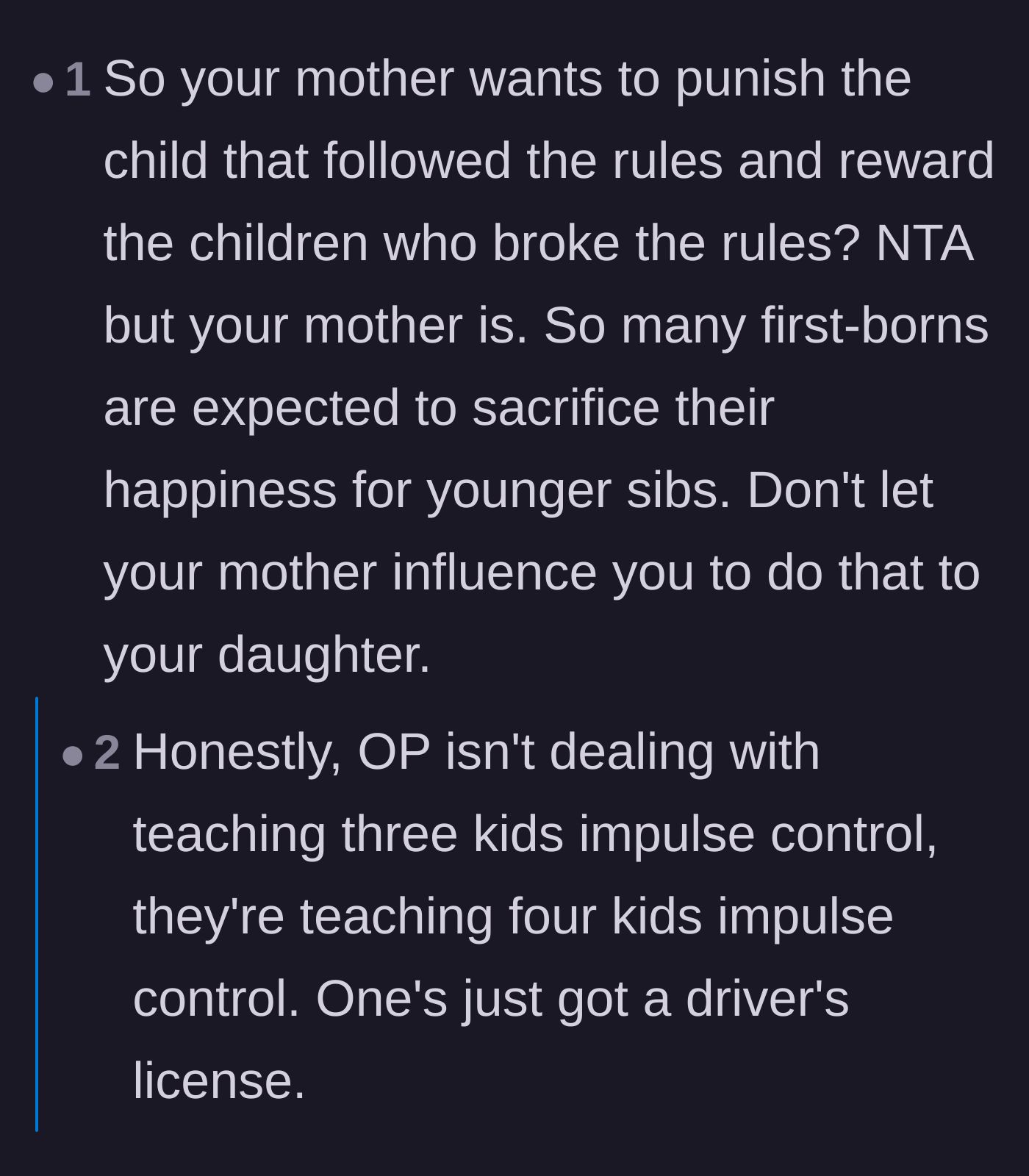 Comment thread 4 - Calling out the grandmother's entitled expectation for the eldest to sacrifice her treats