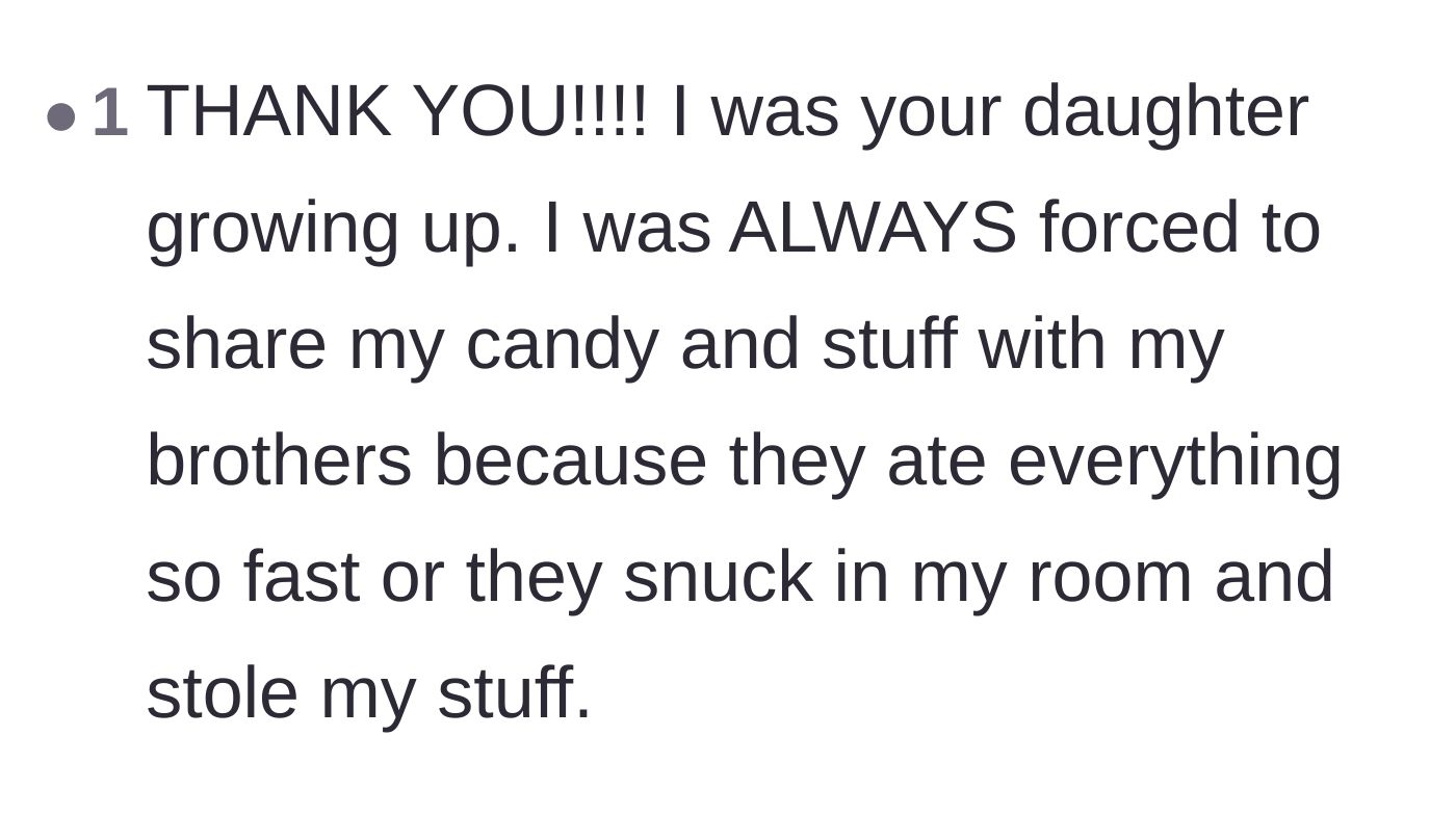Comment thread 5 - A user sharing their own heartbreaking childhood experience of being forced to share stolen treats