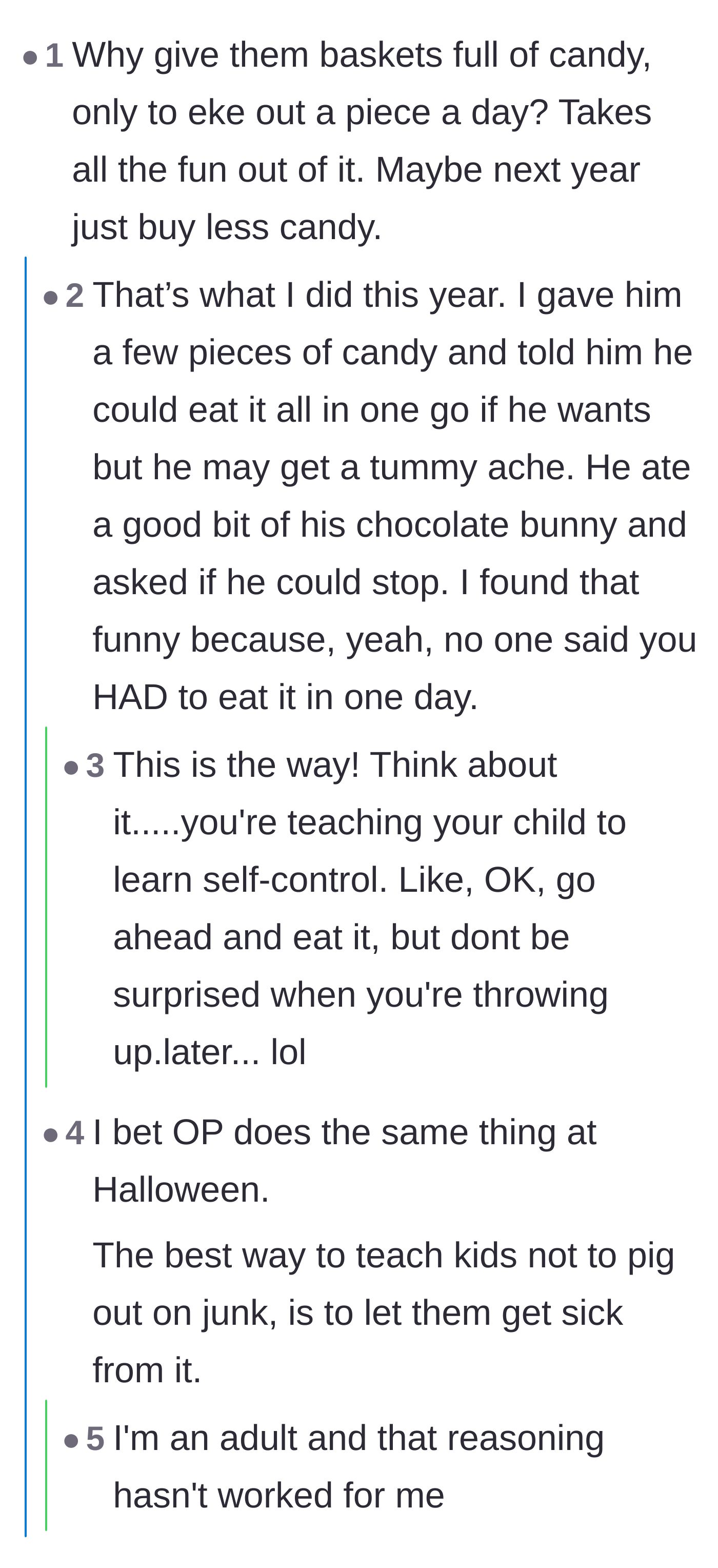 Comment thread 6 - A heated debate on the best parenting methods for managing kids' holiday candy stashes