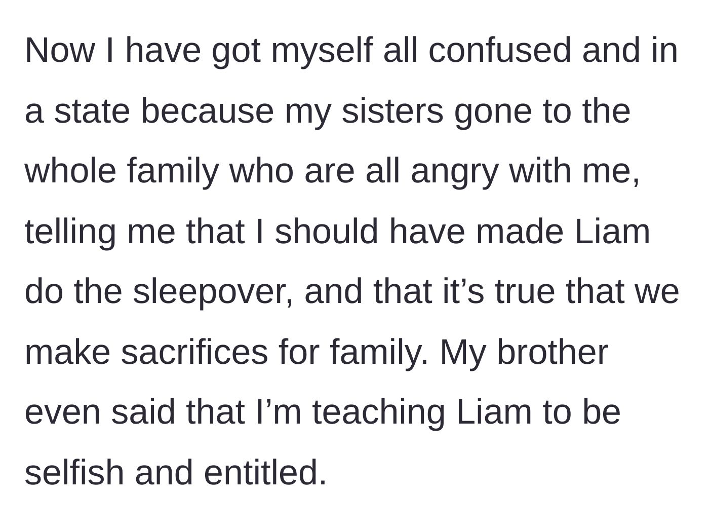Story part 10 - The extended family gets involved, siding with the sister and calling the mother selfish.