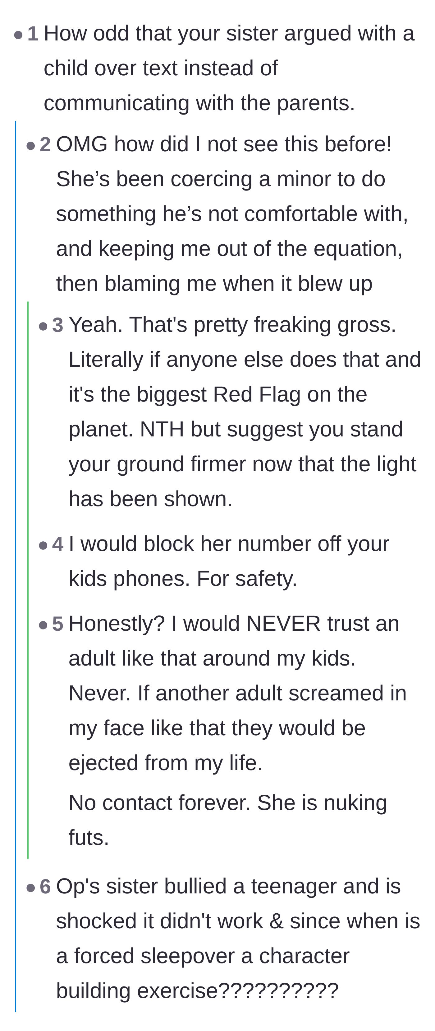 Comment thread 1 - Readers point out the massive red flag of an adult secretly coercing a minor via text message.