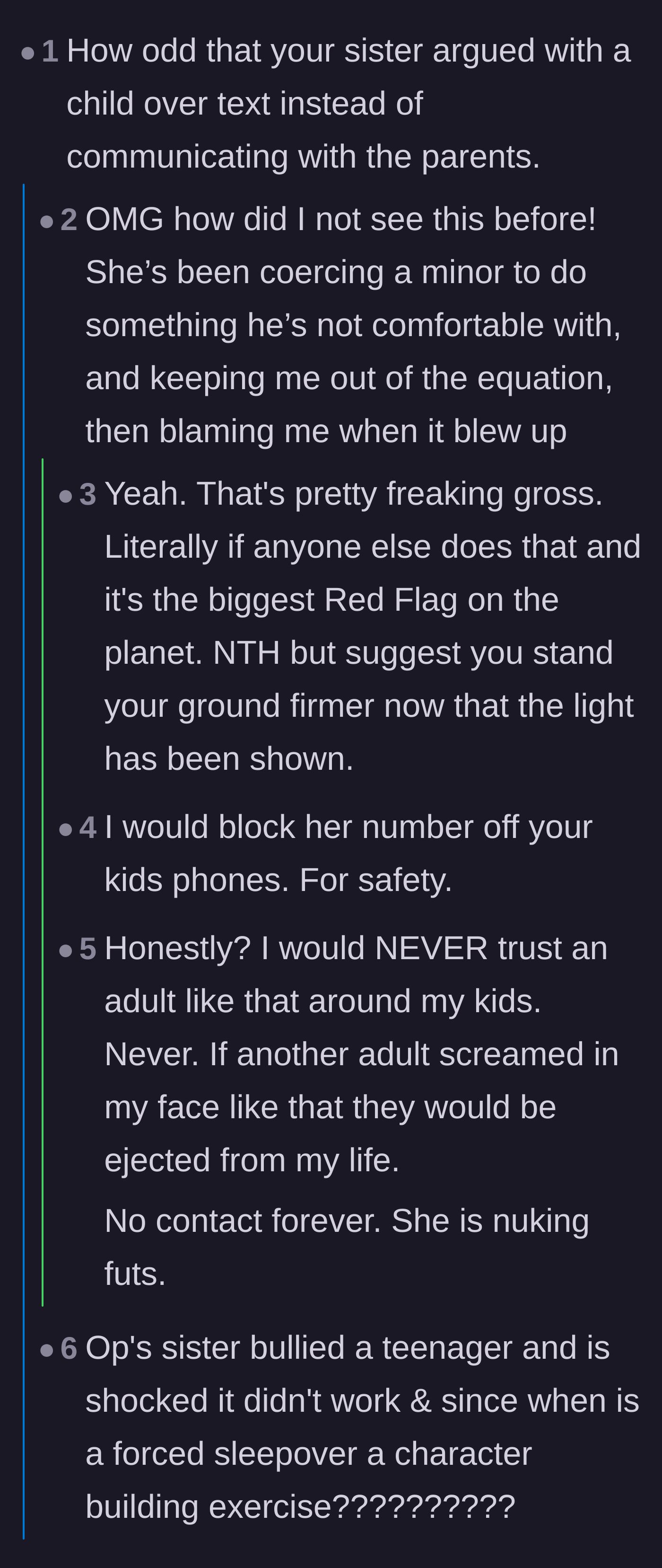 Comment thread 1 - Readers point out the massive red flag of an adult secretly coercing a minor via text message.