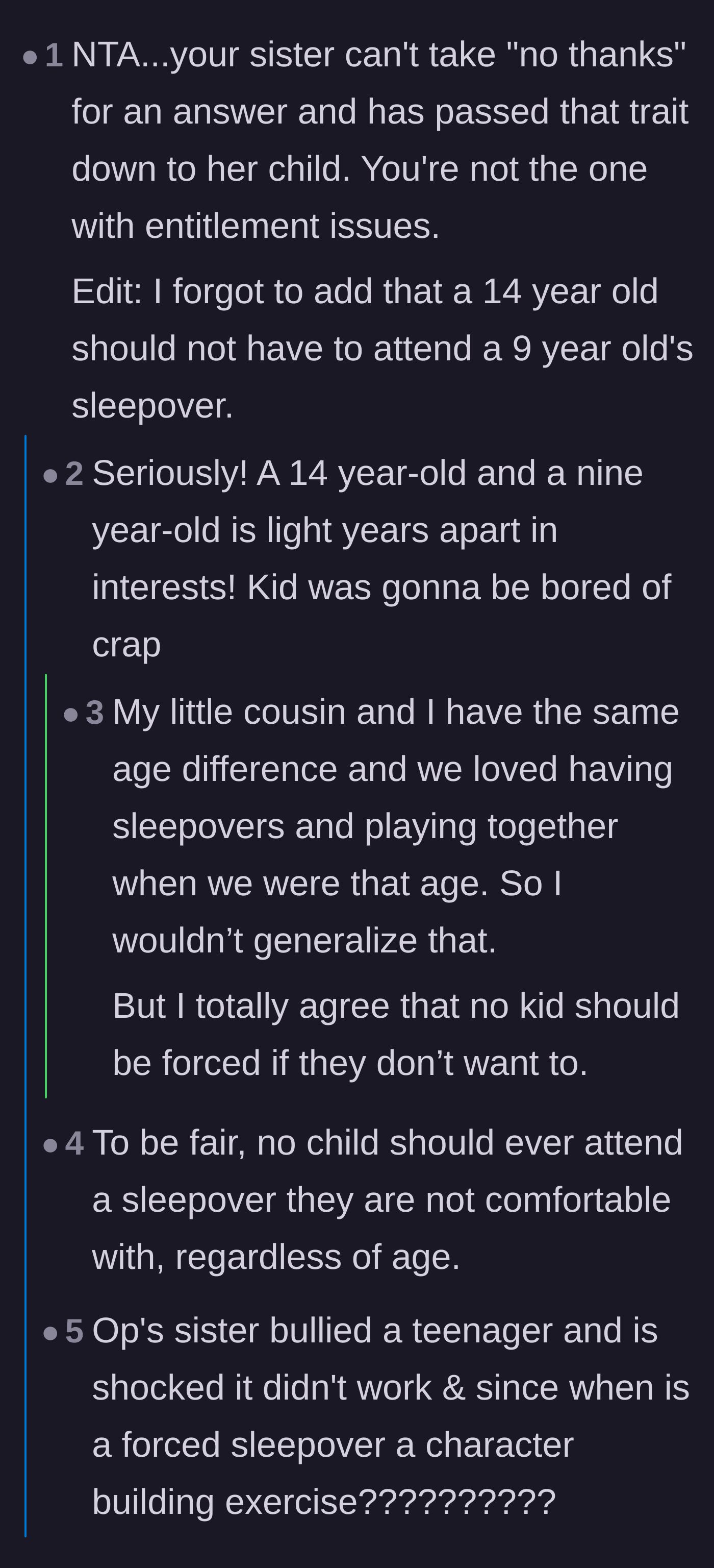 Comment thread 2 - A debate on the developmental age gap and why teenagers shouldn't be forced to entertain nine-year-olds.