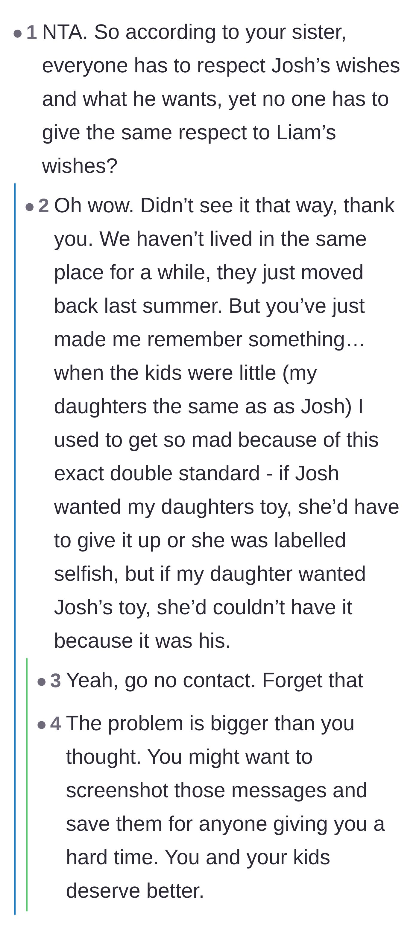 Comment thread 3 - Users highlight the glaring double standard in how the aunt treats her son's wishes versus everyone else's.
