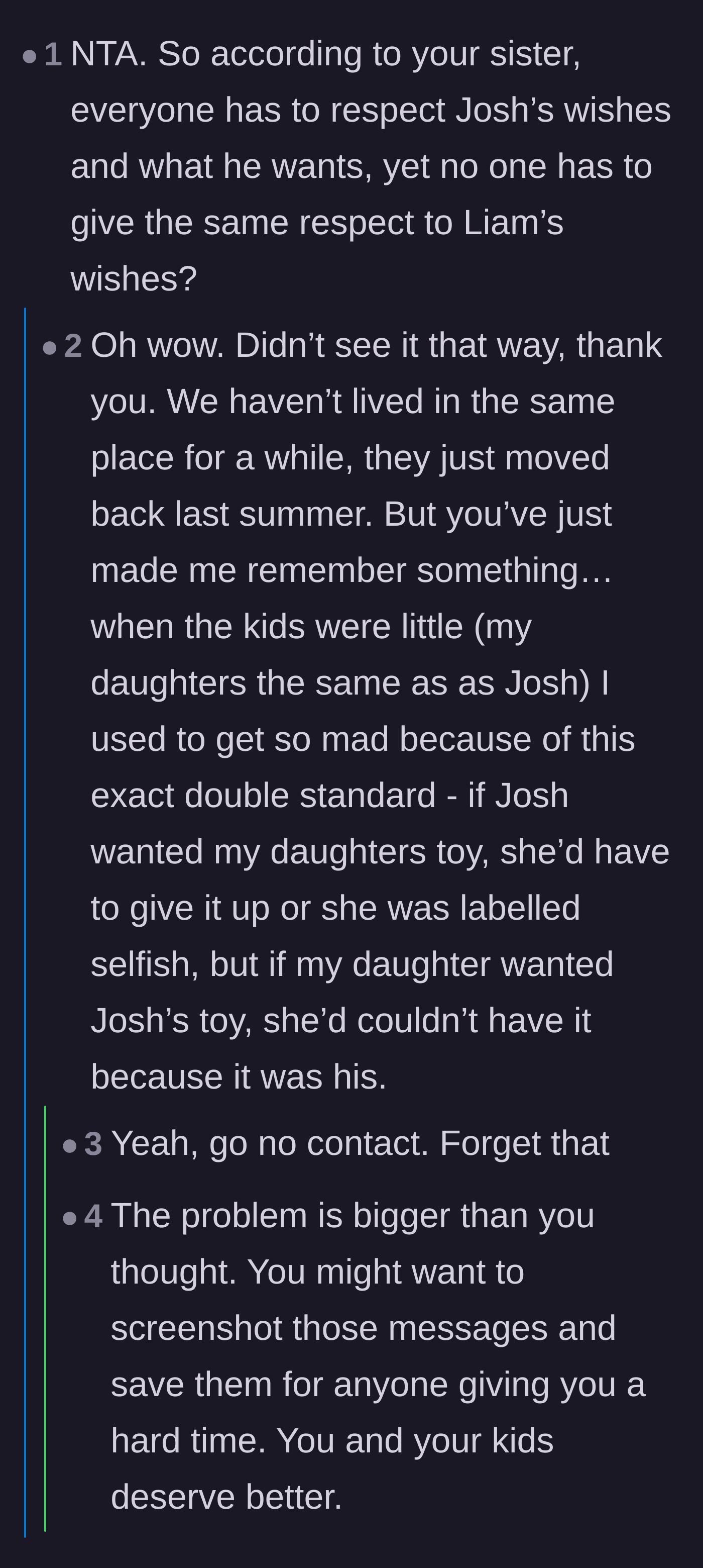 Comment thread 3 - Users highlight the glaring double standard in how the aunt treats her son's wishes versus everyone else's.