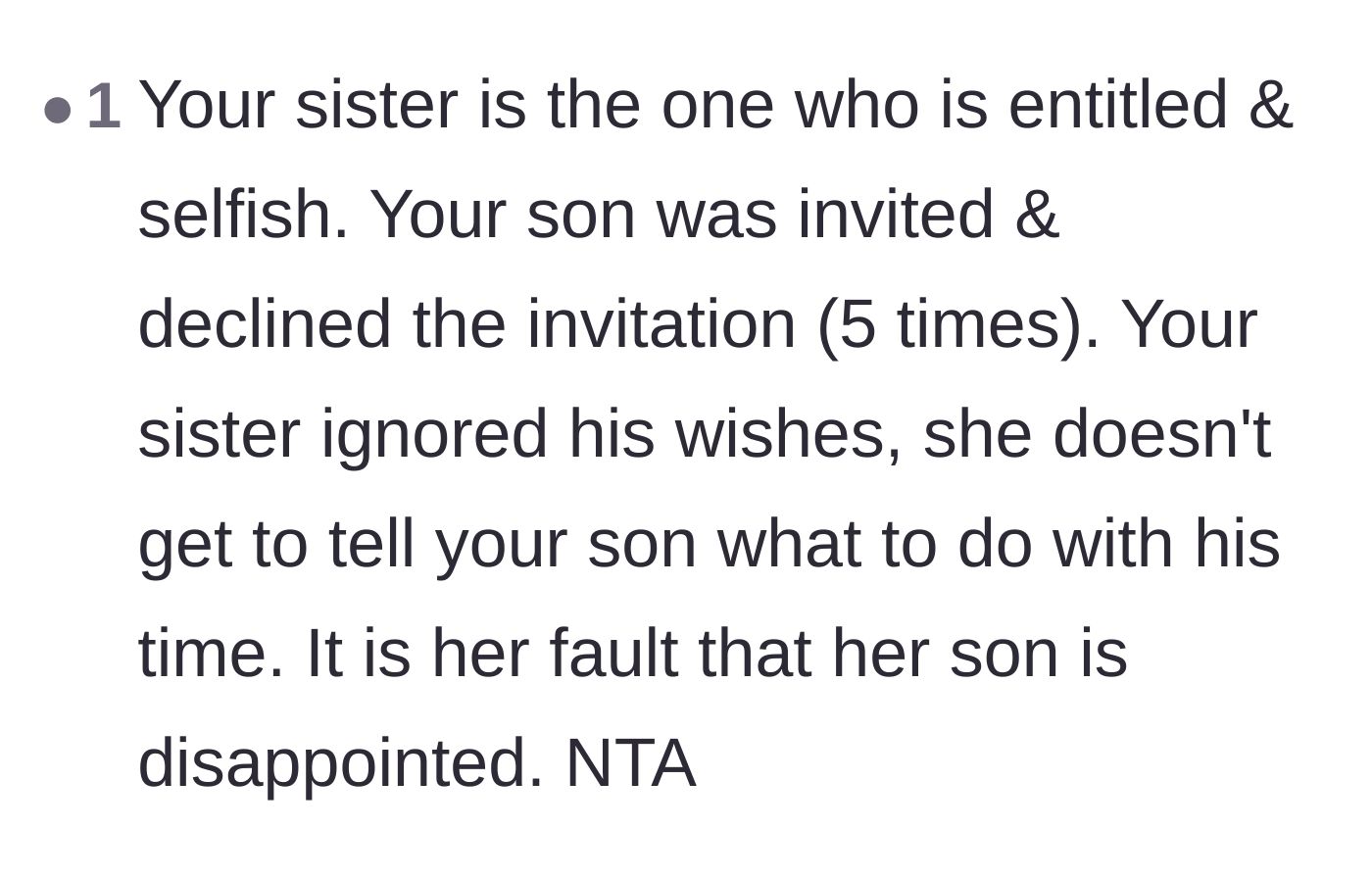 Comment thread 5 - A straightforward declaration that the aunt's refusal to accept a polite decline caused her own son's heartbreak.