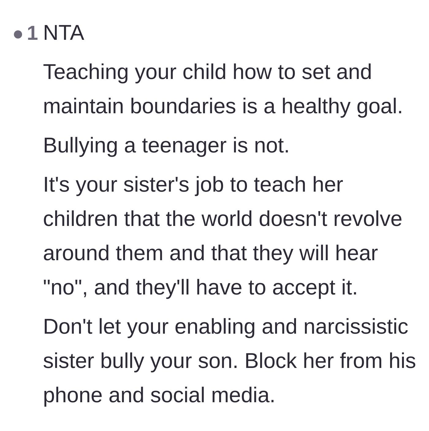Comment thread 6 - Advice on protecting the teenager's digital boundaries by blocking the toxic aunt.