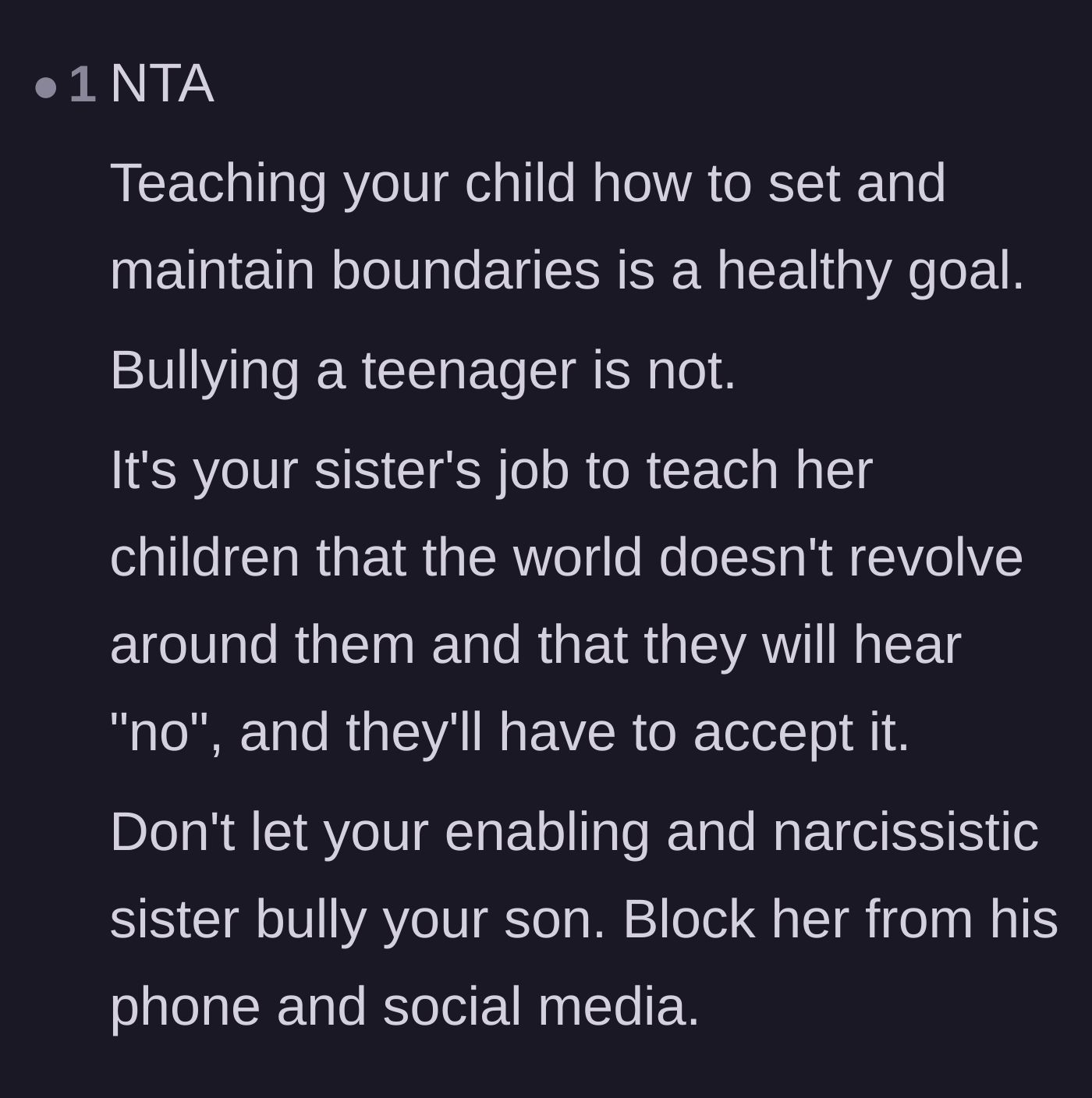 Comment thread 6 - Advice on protecting the teenager's digital boundaries by blocking the toxic aunt.