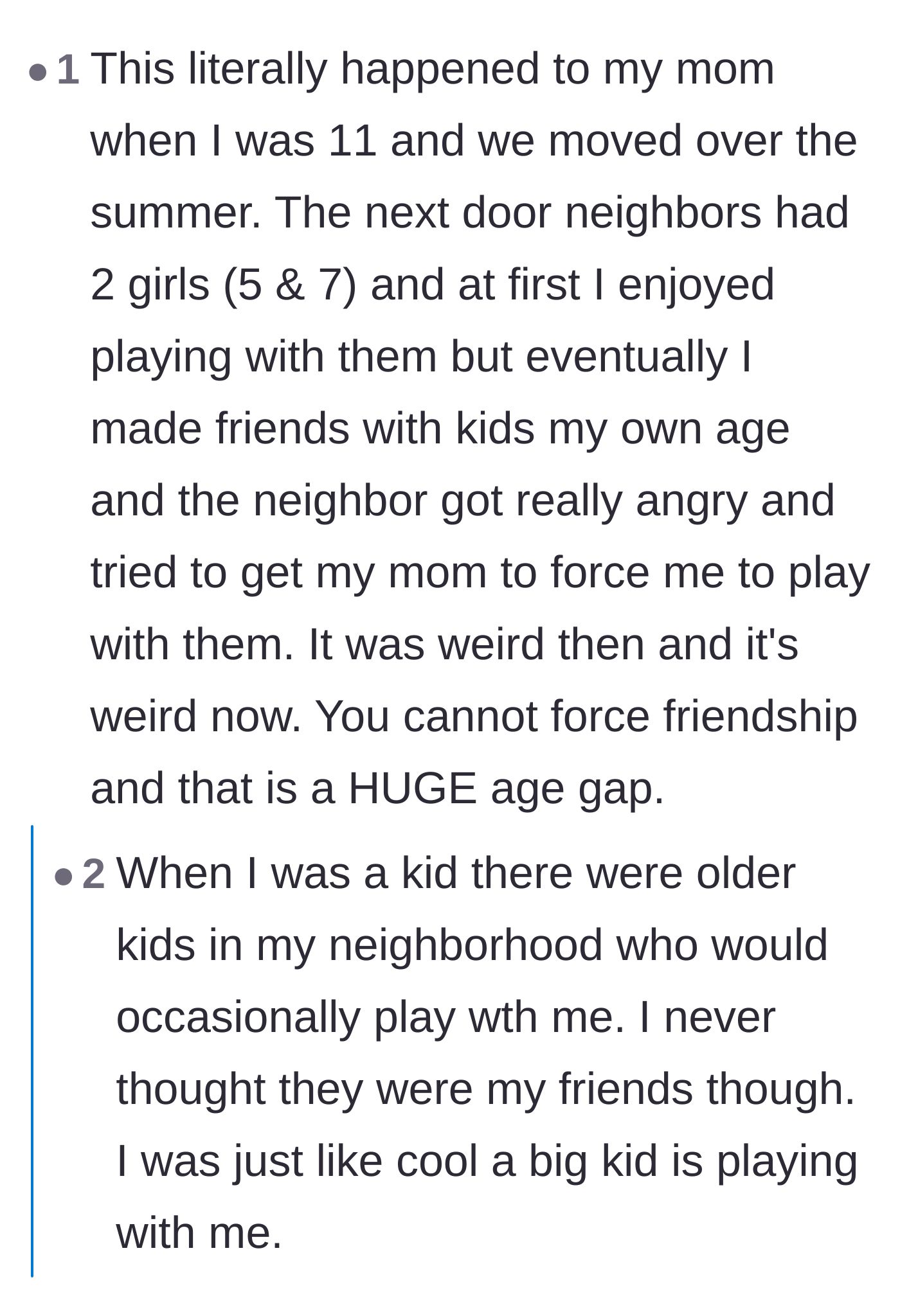 Comment thread 2 - A user shares a childhood story about a neighbor trying to force a friendship across a huge age gap