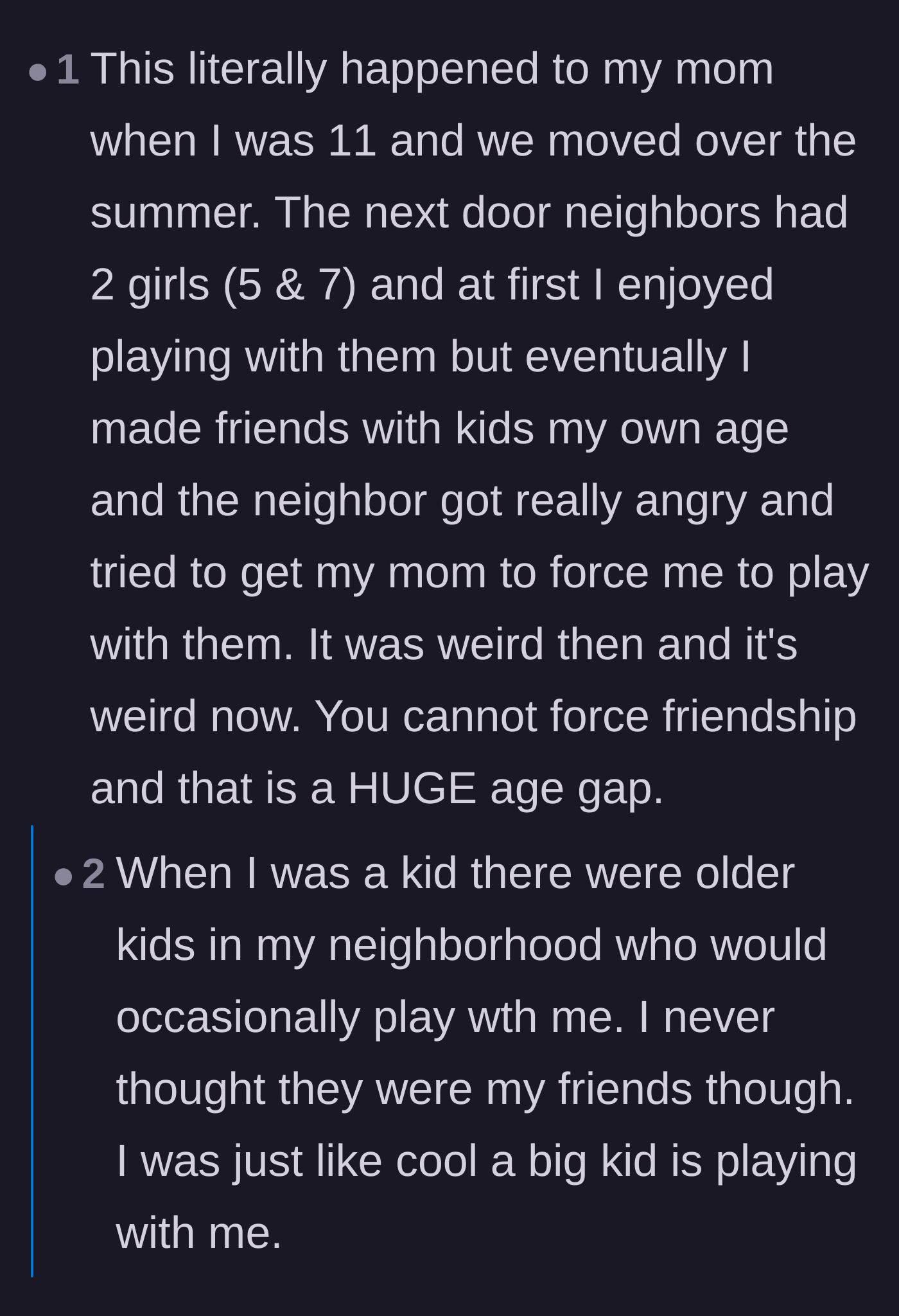 Comment thread 2 - A user shares a childhood story about a neighbor trying to force a friendship across a huge age gap