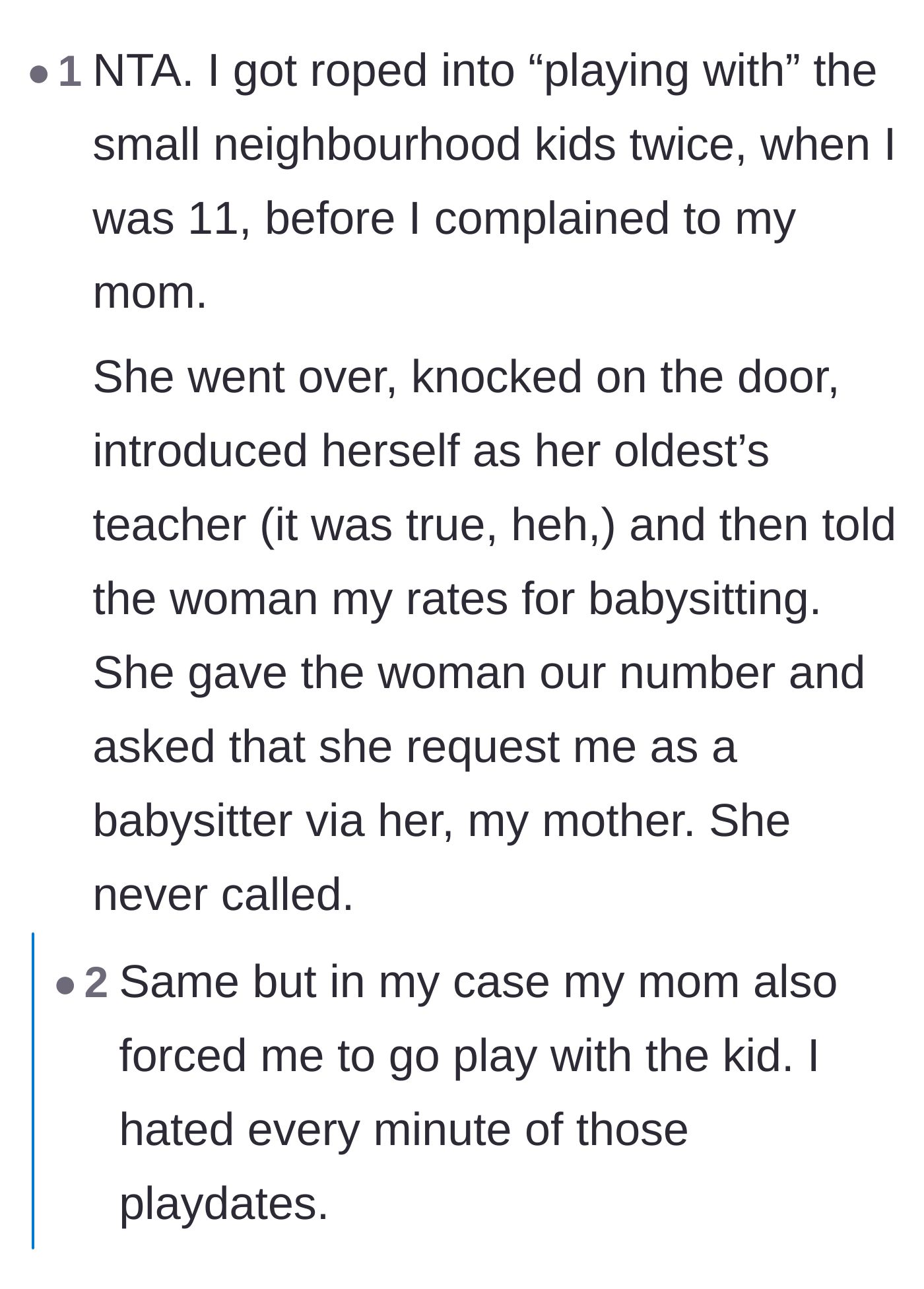 Comment thread 3 - A commenter shares how their own mother handled a similar situation by handing out her child's babysitting rates