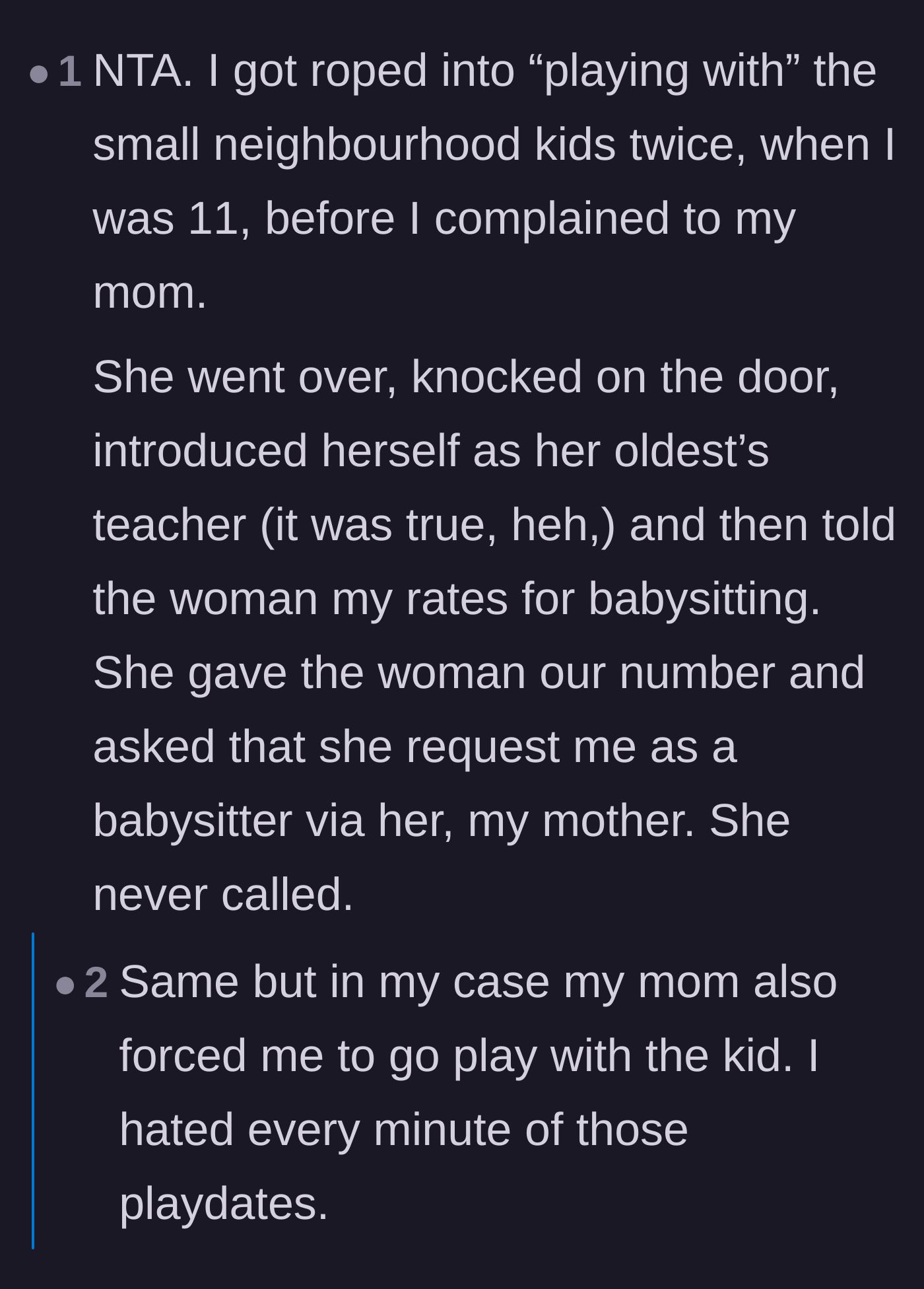 Comment thread 3 - A commenter shares how their own mother handled a similar situation by handing out her child's babysitting rates