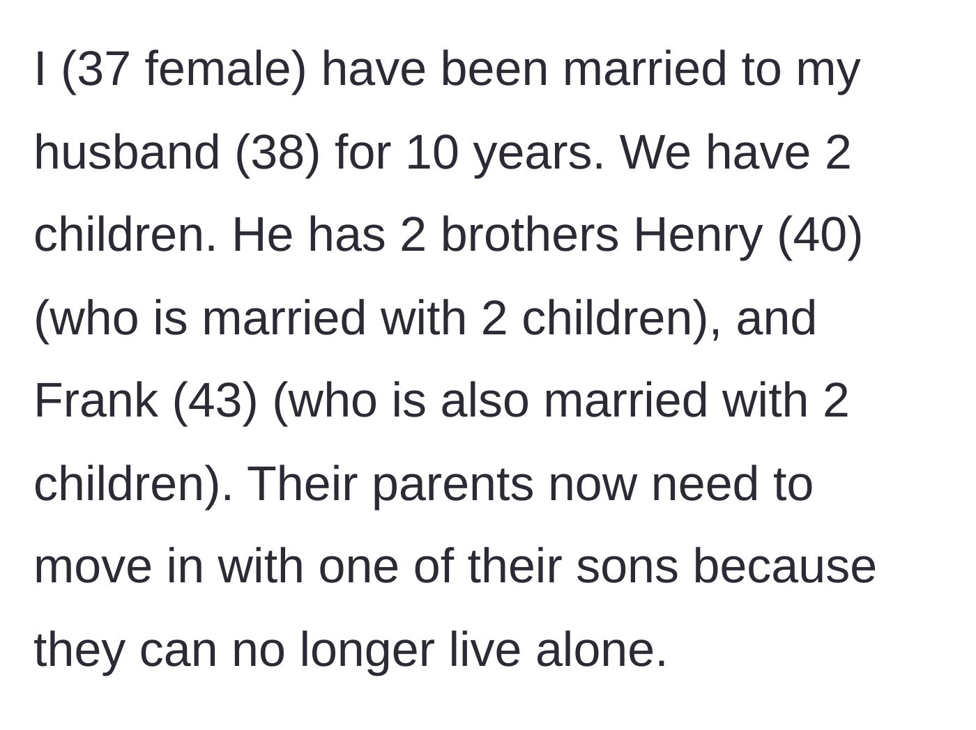Story part 1 - Introduction of the married couple, the two older brothers, and the aging parents who suddenly need full-time housing.