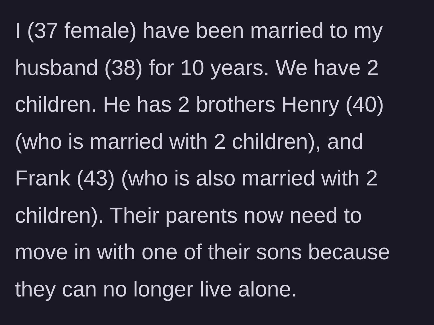 Story part 1 - Introduction of the married couple, the two older brothers, and the aging parents who suddenly need full-time housing.