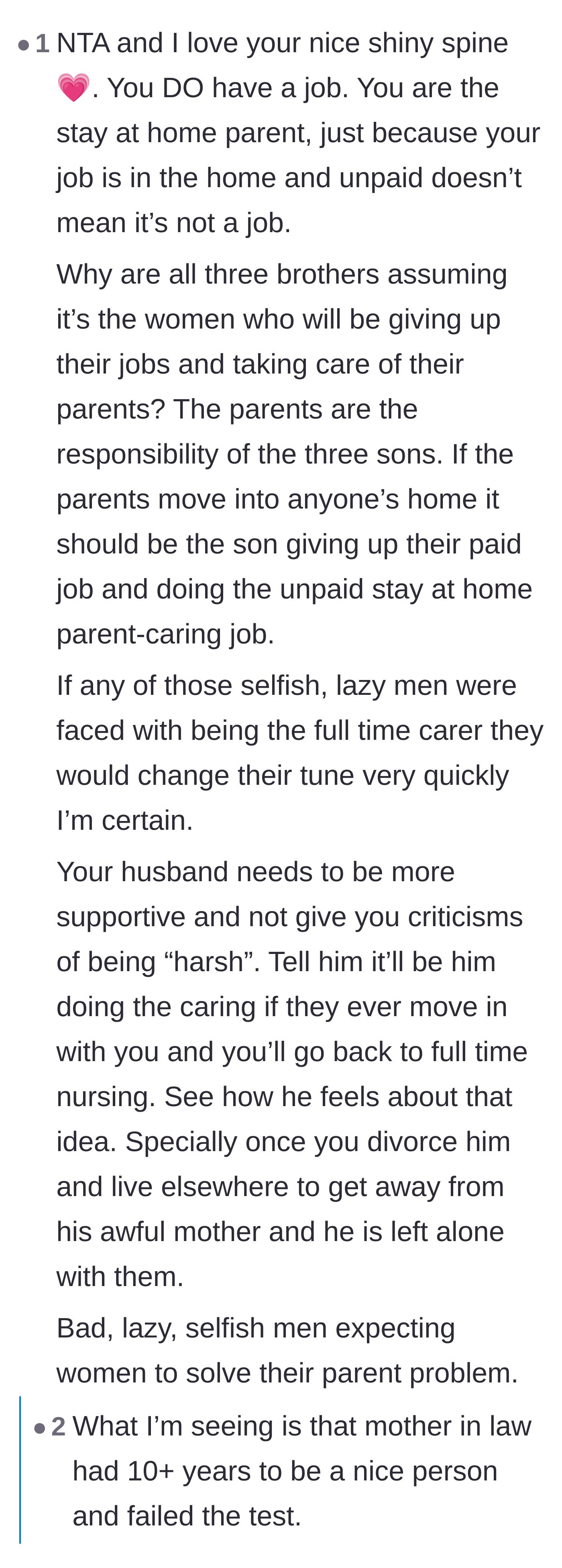 Comment thread 2 - Discussion on how the mother-in-law's past toxic behavior destroyed any chance of getting free care from the main character.