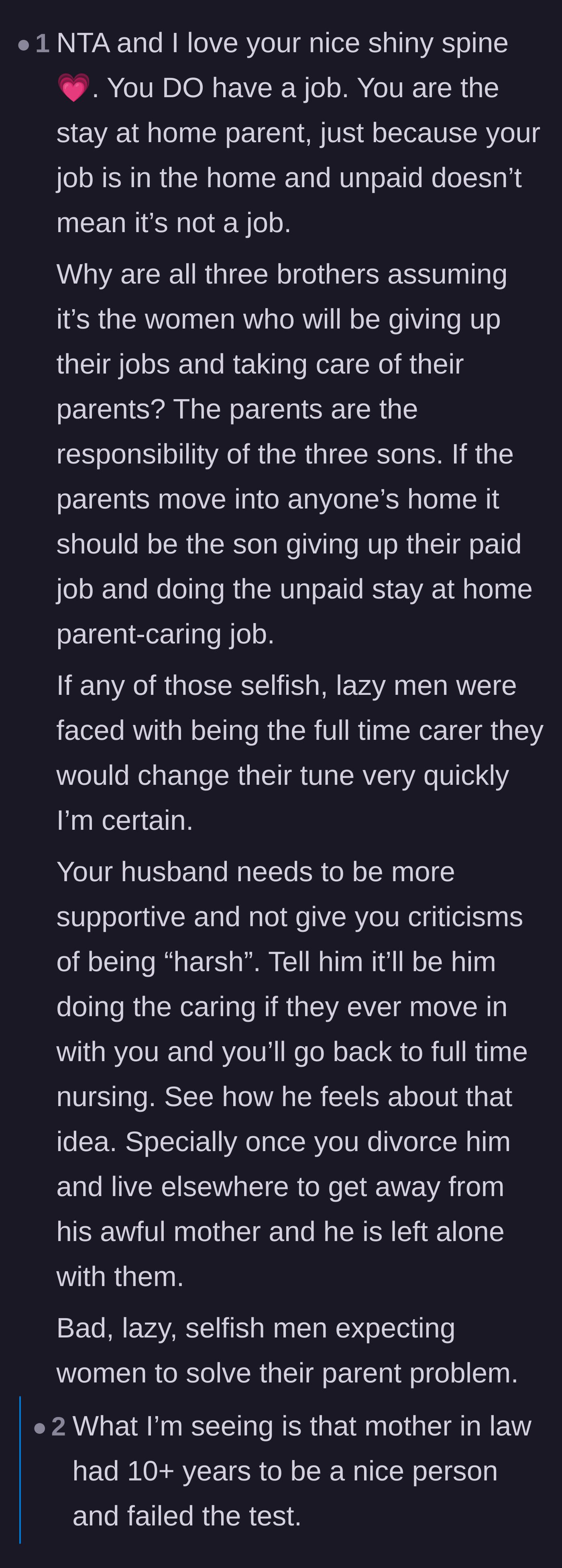 Comment thread 2 - Discussion on how the mother-in-law's past toxic behavior destroyed any chance of getting free care from the main character.