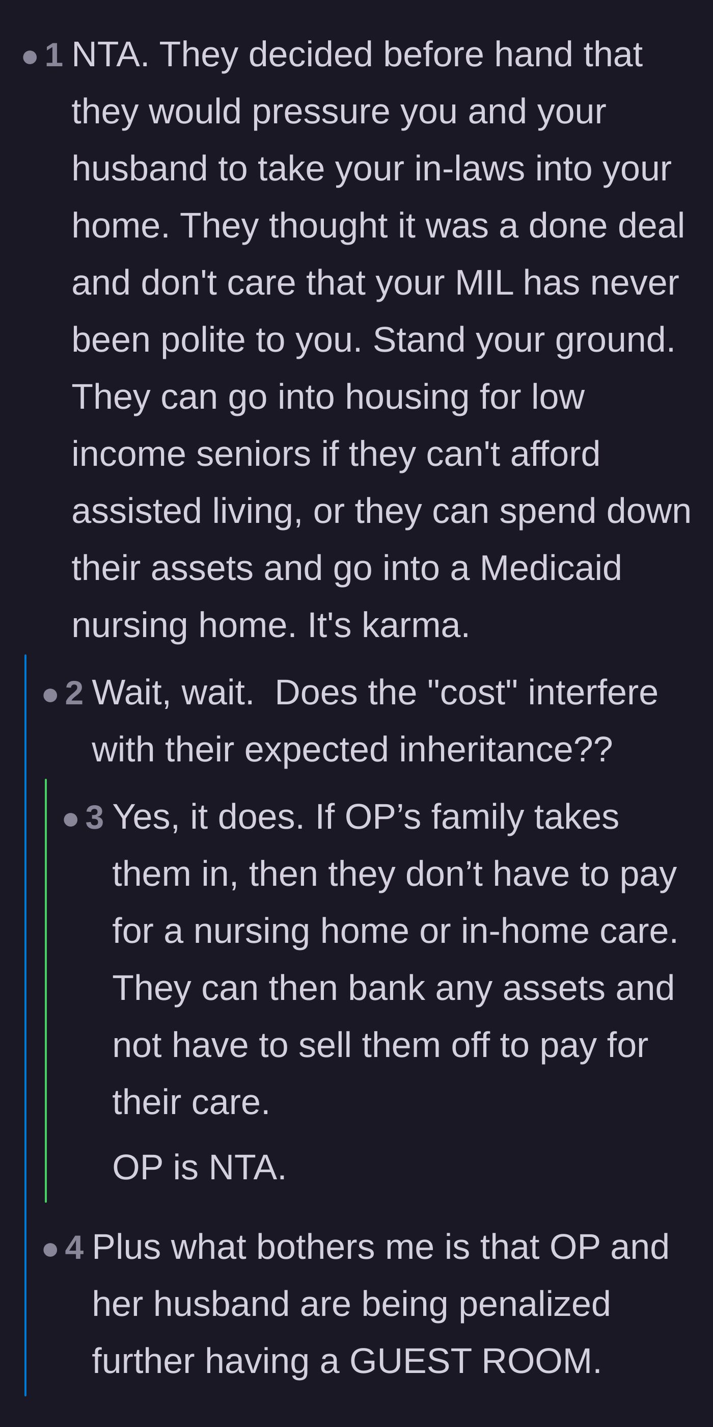 Comment thread 6 - Observation that the main character is being punished for having a guest room and managing her finances well.