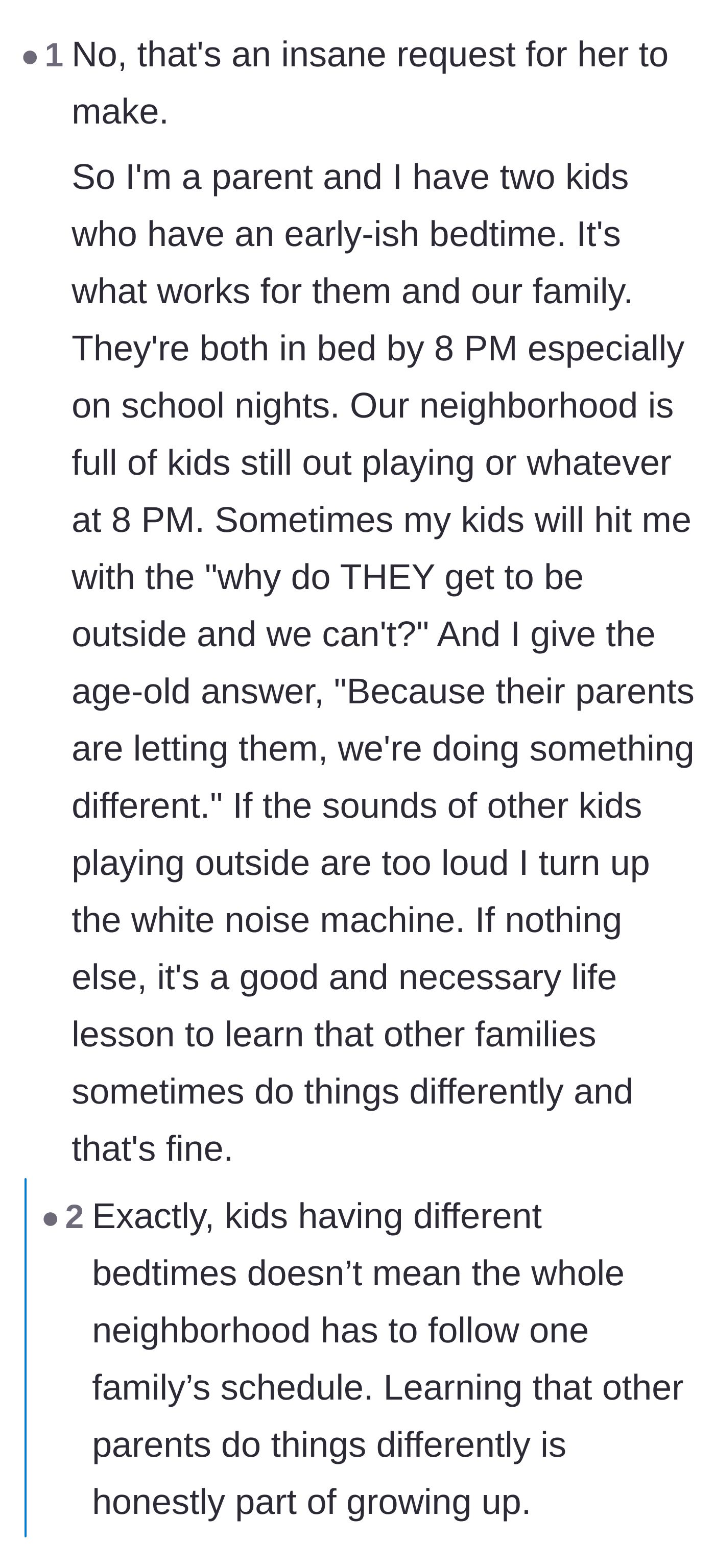 Comment thread 3 - A parent with early bedtimes sharing how they successfully handle their own kids' jealousy without bothering neighbors.