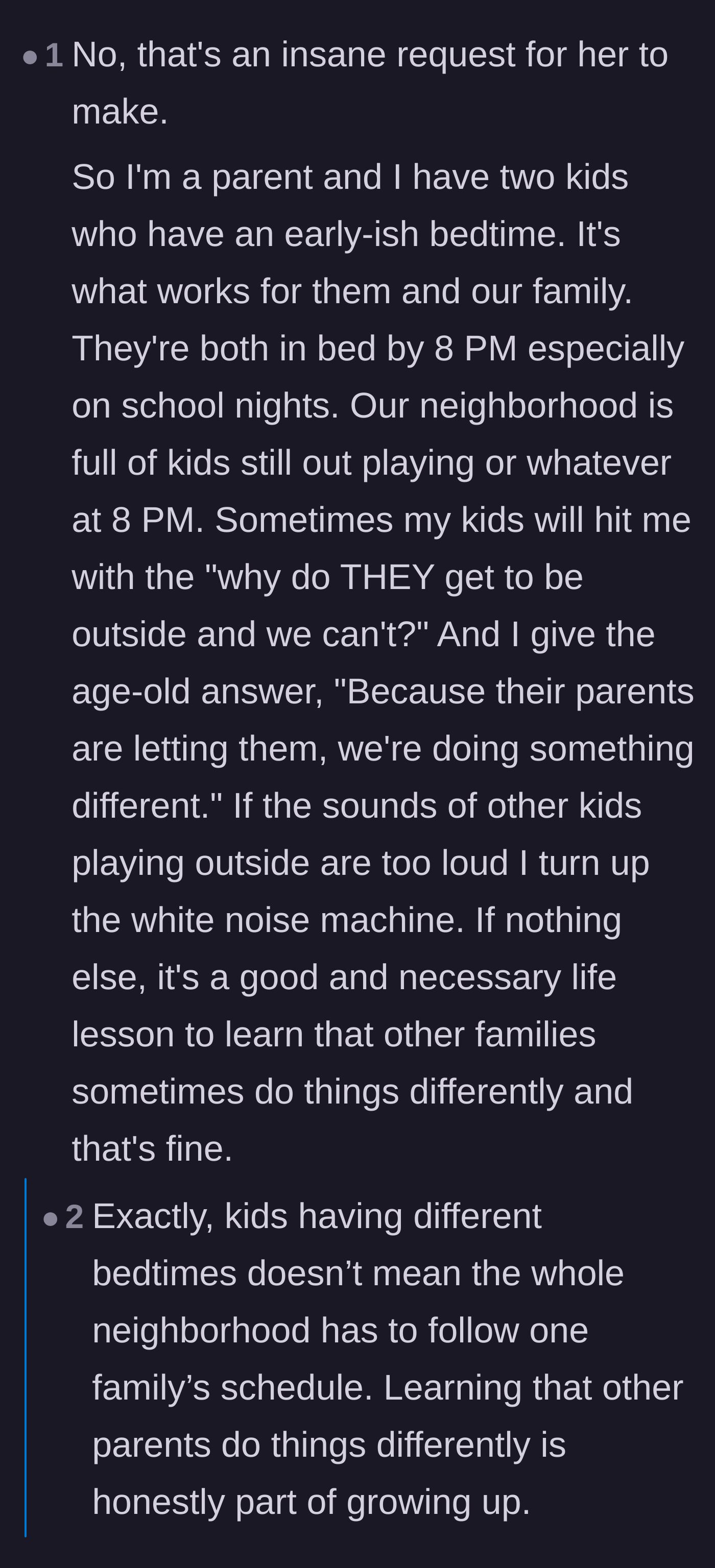 Comment thread 3 - A parent with early bedtimes sharing how they successfully handle their own kids' jealousy without bothering neighbors.