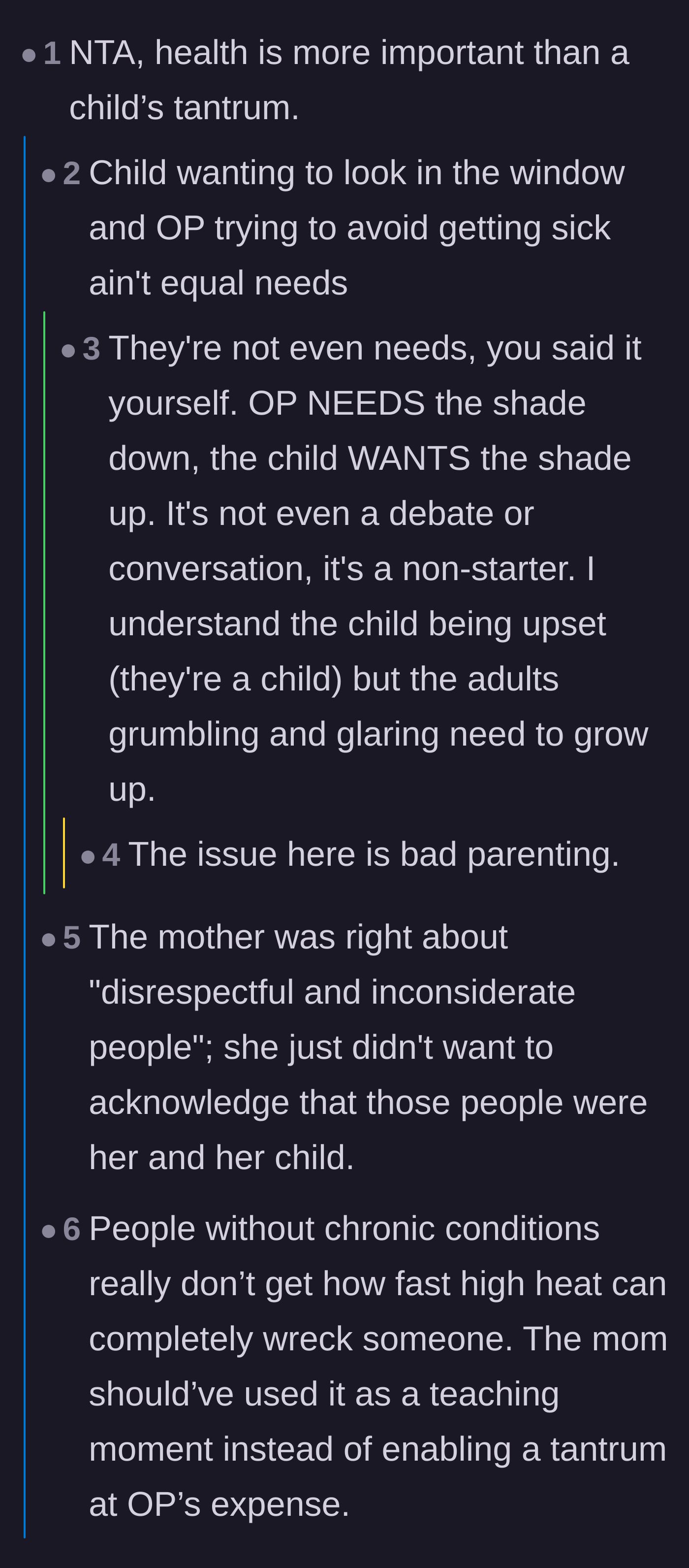 Comment thread 1 - A discussion breaking down how the child's want to look outside does not equate to the author's medical need for shade.