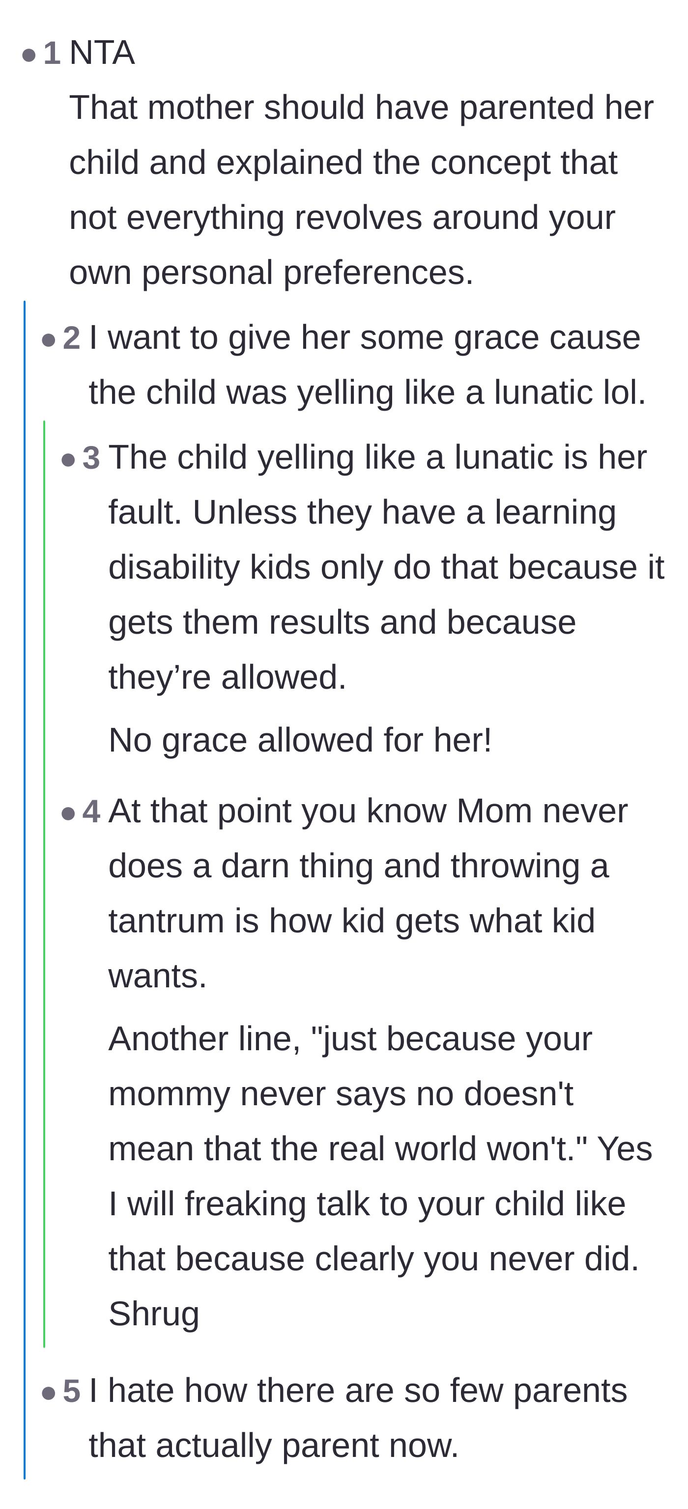 Comment thread 2 - A debate on whether the child's tantrum could be excused by a learning disability, concluding that the mother still failed to parent.