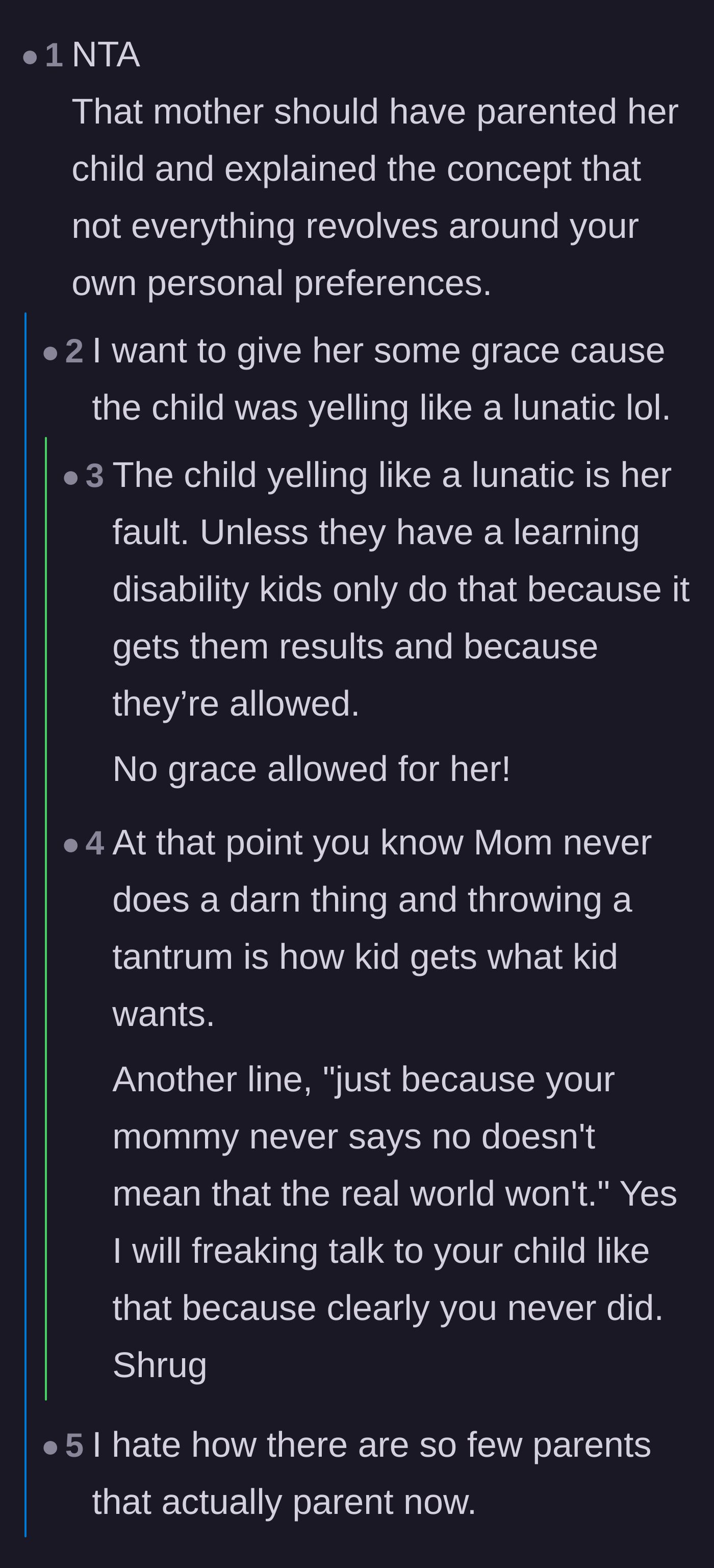 Comment thread 2 - A debate on whether the child's tantrum could be excused by a learning disability, concluding that the mother still failed to parent.