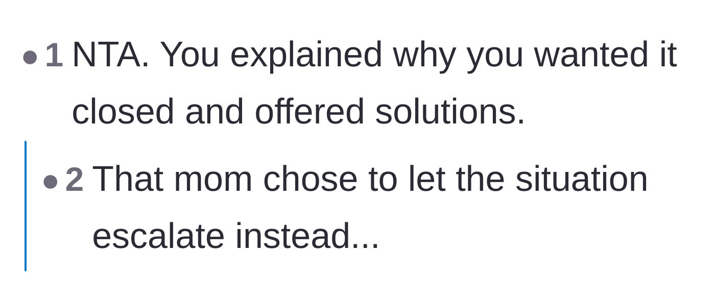 Comment thread 5 - A brief exchange pointing out that the mother actively chose to let the conflict escalate rather than solve it.