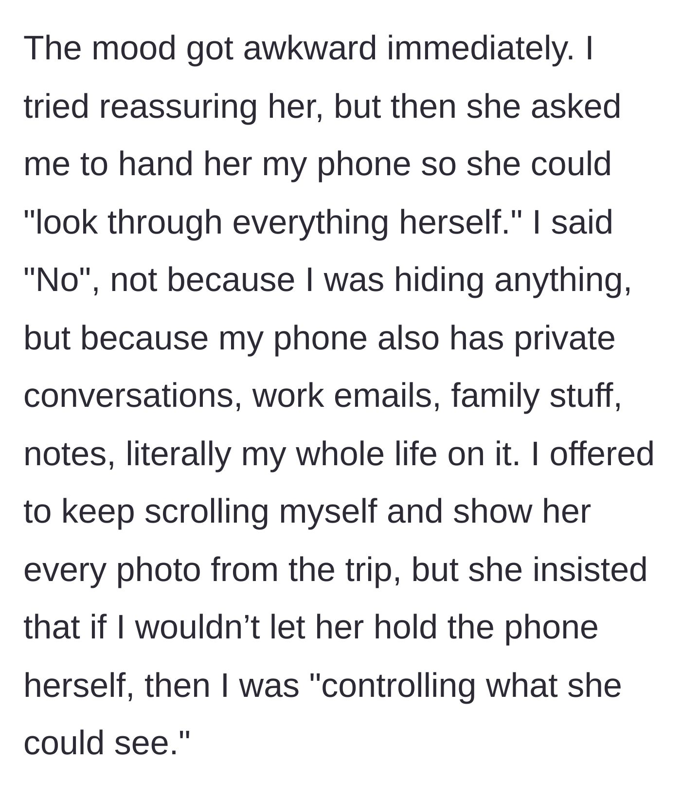Story part 3 - Nancy demands to hold the unlocked phone herself to check all photos, but the main character refuses to protect her overall privacy.