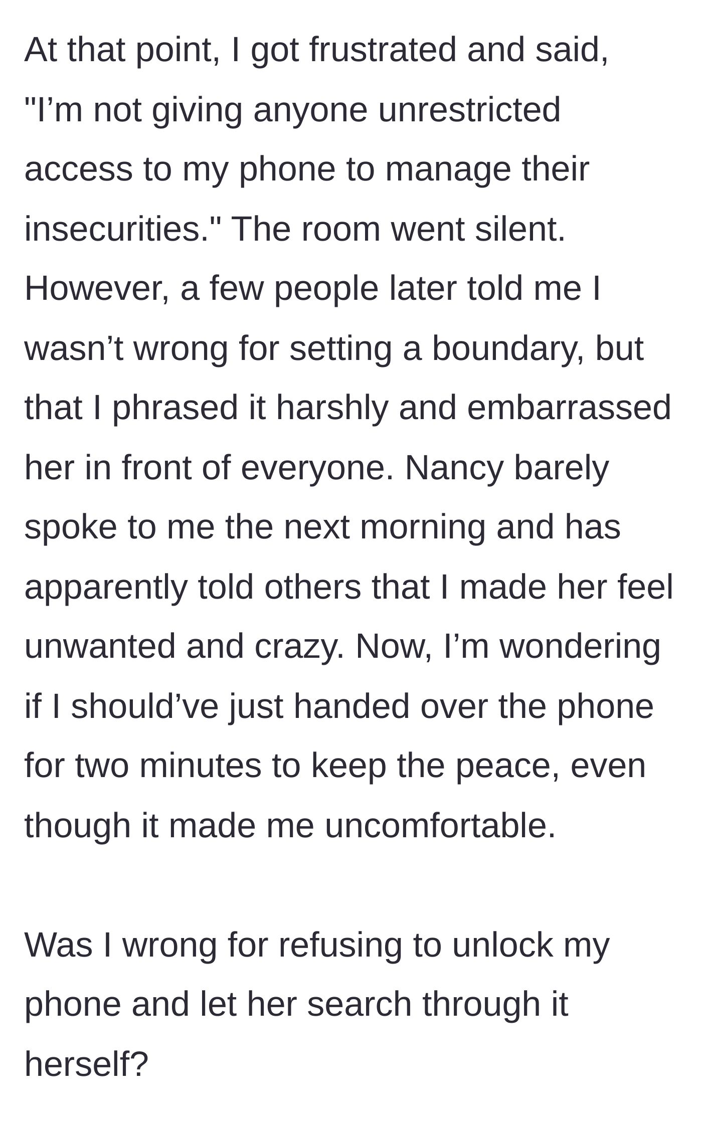Story part 4 - Main character bluntly tells Nancy she won't manage her insecurities, room goes silent, and now Nancy is giving her the silent treatment.