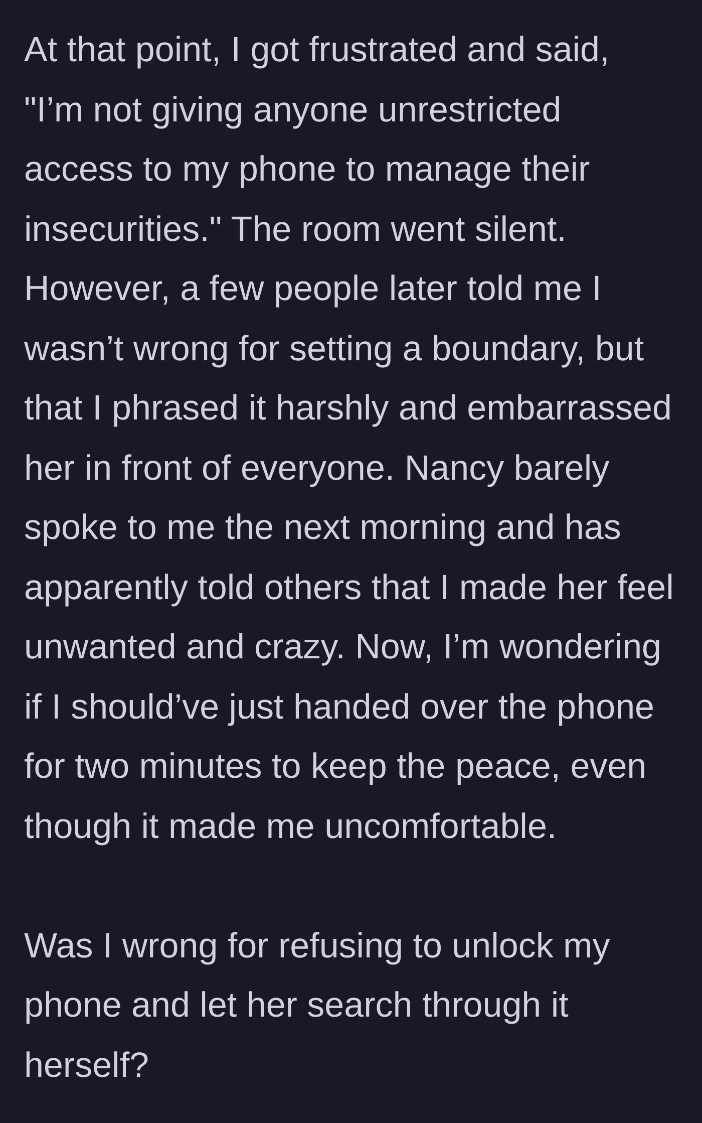 Story part 4 - Main character bluntly tells Nancy she won't manage her insecurities, room goes silent, and now Nancy is giving her the silent treatment.