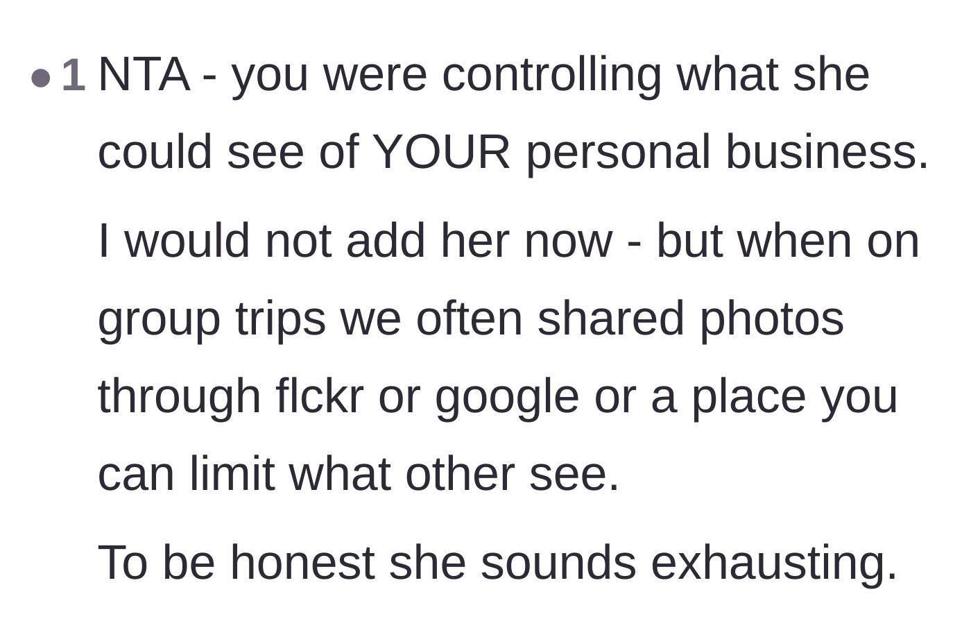 Comment thread 3 - Suggesting shared photo albums and calling the new friend's behavior exhausting.