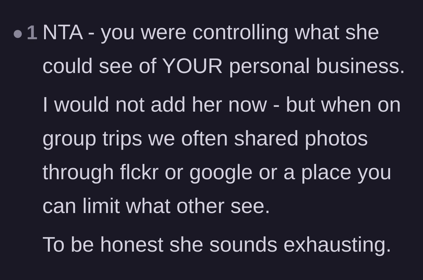 Comment thread 3 - Suggesting shared photo albums and calling the new friend's behavior exhausting.