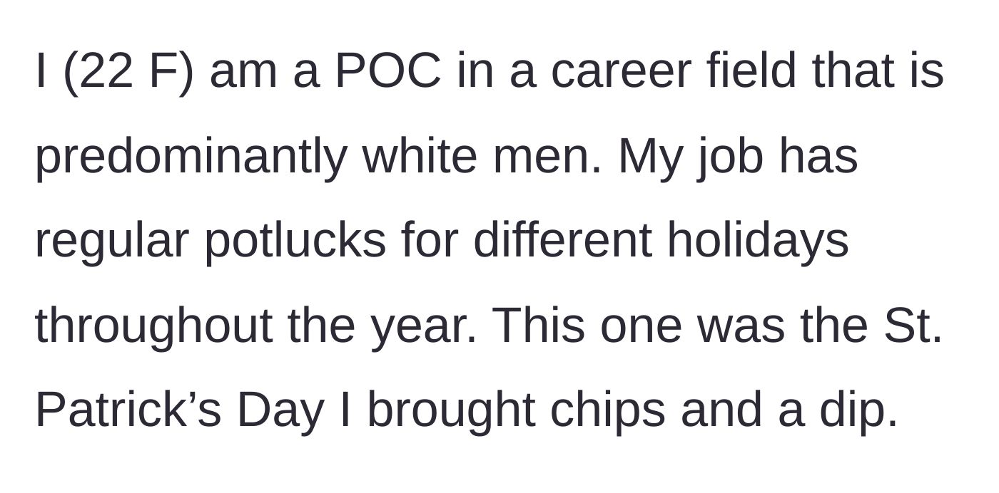 Story part 1 - A young female professional bringing chips and dip to an office St. Patrick's Day potluck.