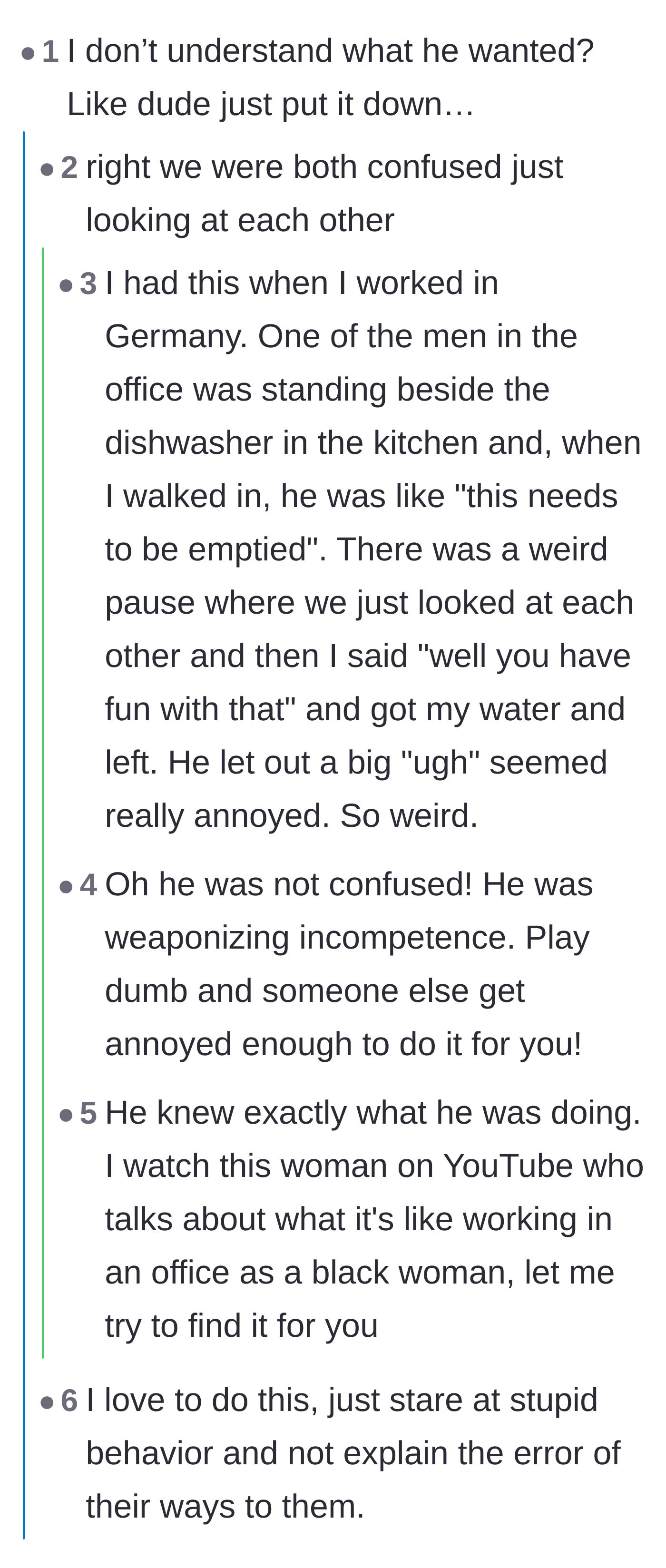 Comment thread 1 - A discussion about weaponized incompetence and men pretending not to know how to manage basic domestic tasks.