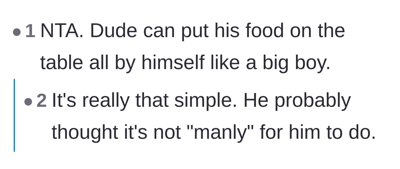Comment thread 2 - Readers bluntly agreeing the coworker is fully capable of putting his own food on a table without help.