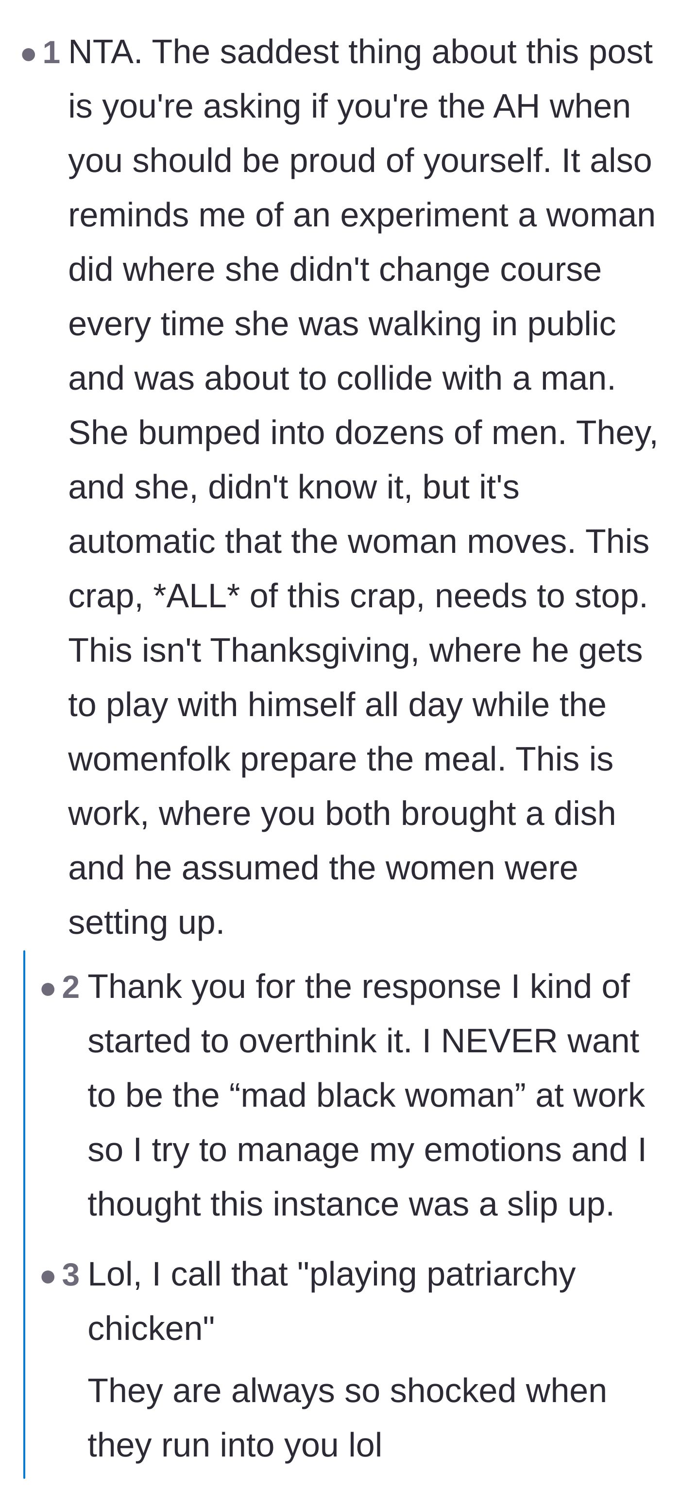 Comment thread 3 - A conversation about playing 'patriarchy chicken' and the unfair pressure on women of color to manage their reactions at work.