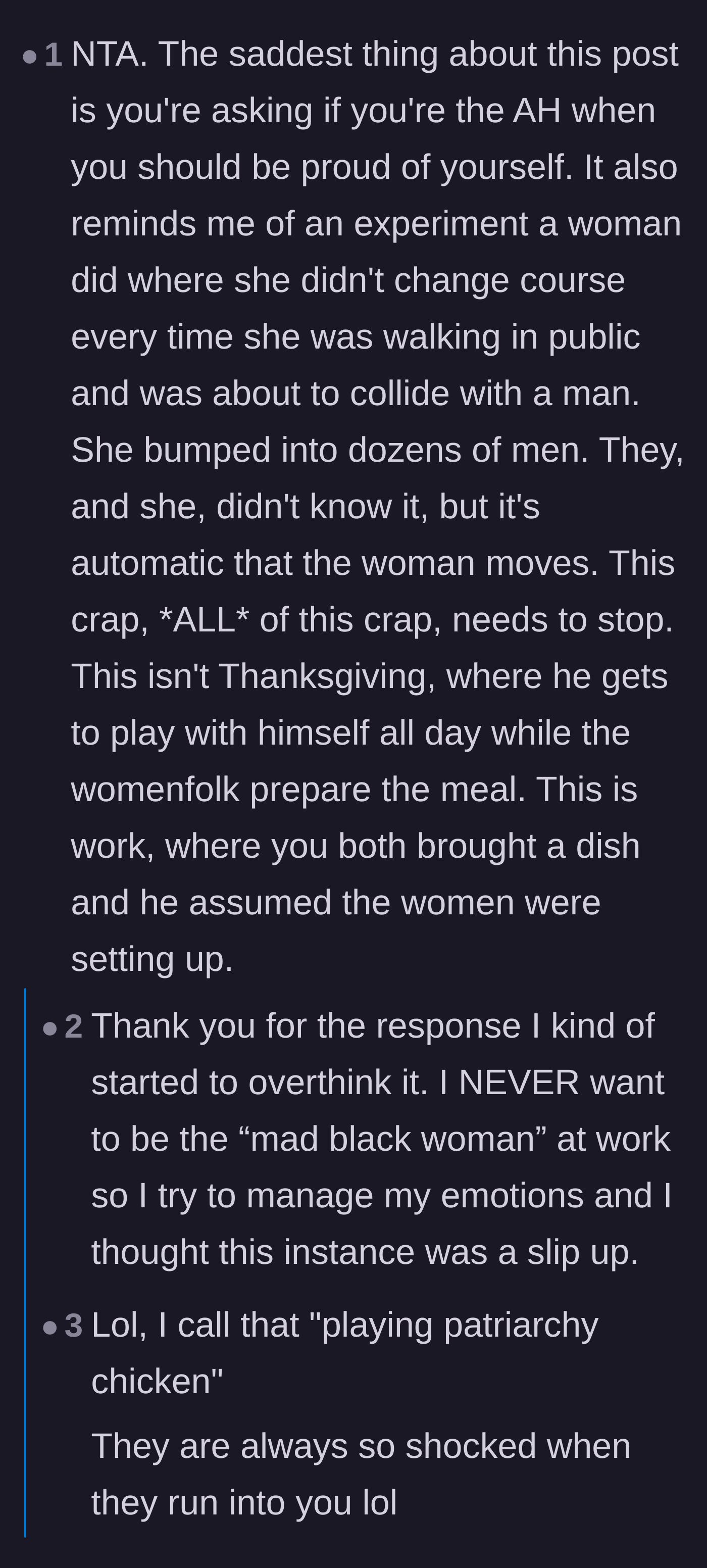 Comment thread 3 - A conversation about playing 'patriarchy chicken' and the unfair pressure on women of color to manage their reactions at work.