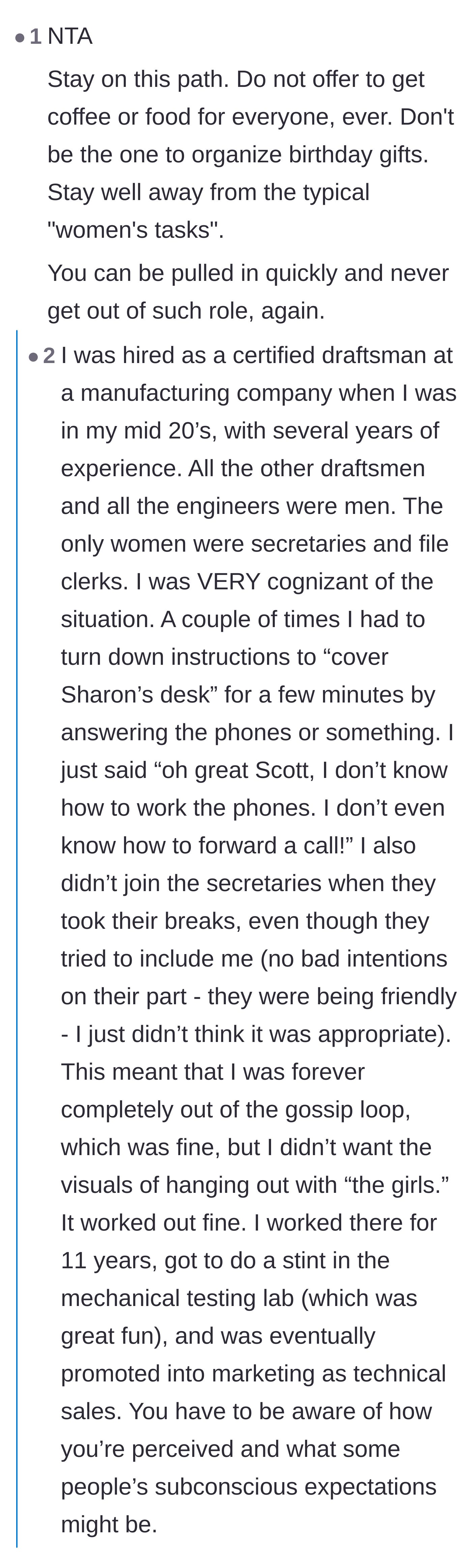 Comment thread 5 - Professional advice for women to avoid taking on stereotypical office housekeeping tasks like organizing gifts or getting coffee.