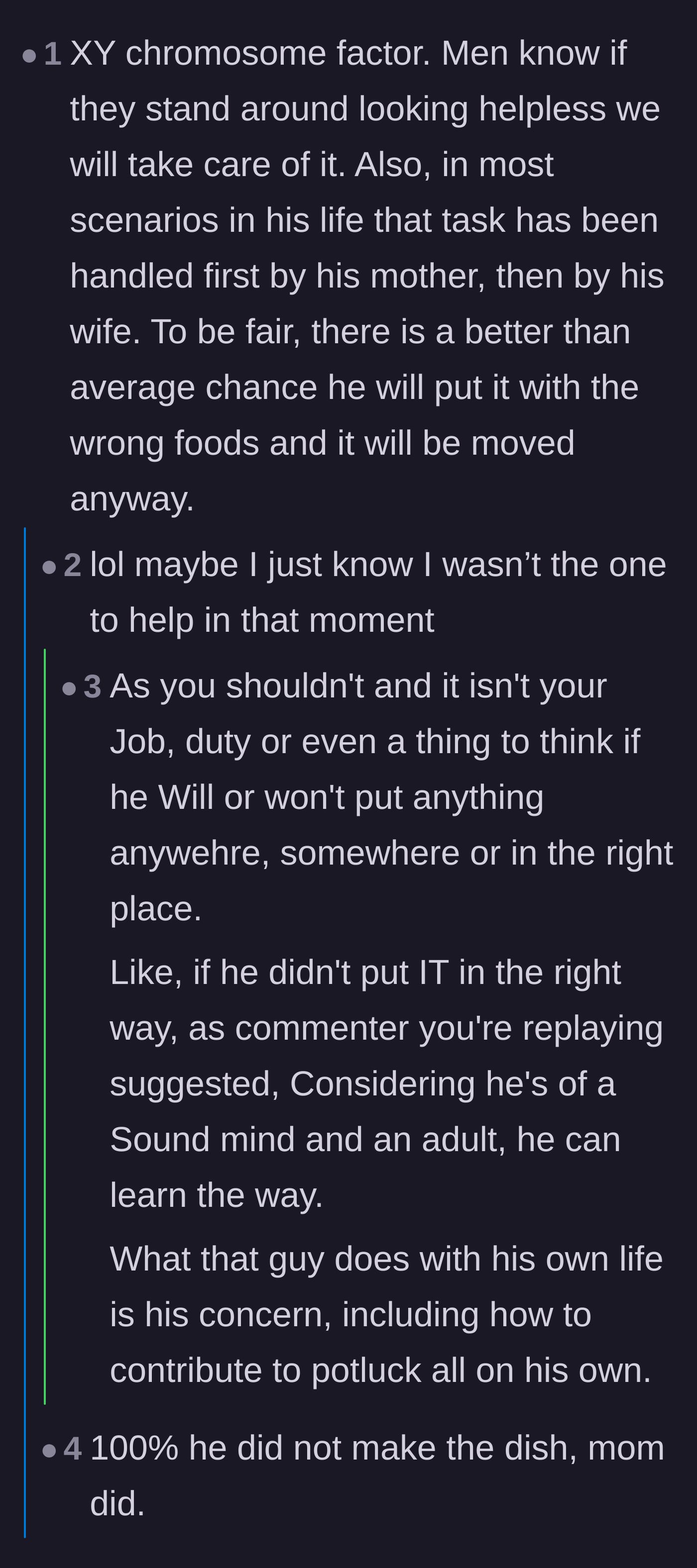 Comment thread 6 - Pointing out that men often expect female coworkers to act like their mothers in managing domestic tasks.