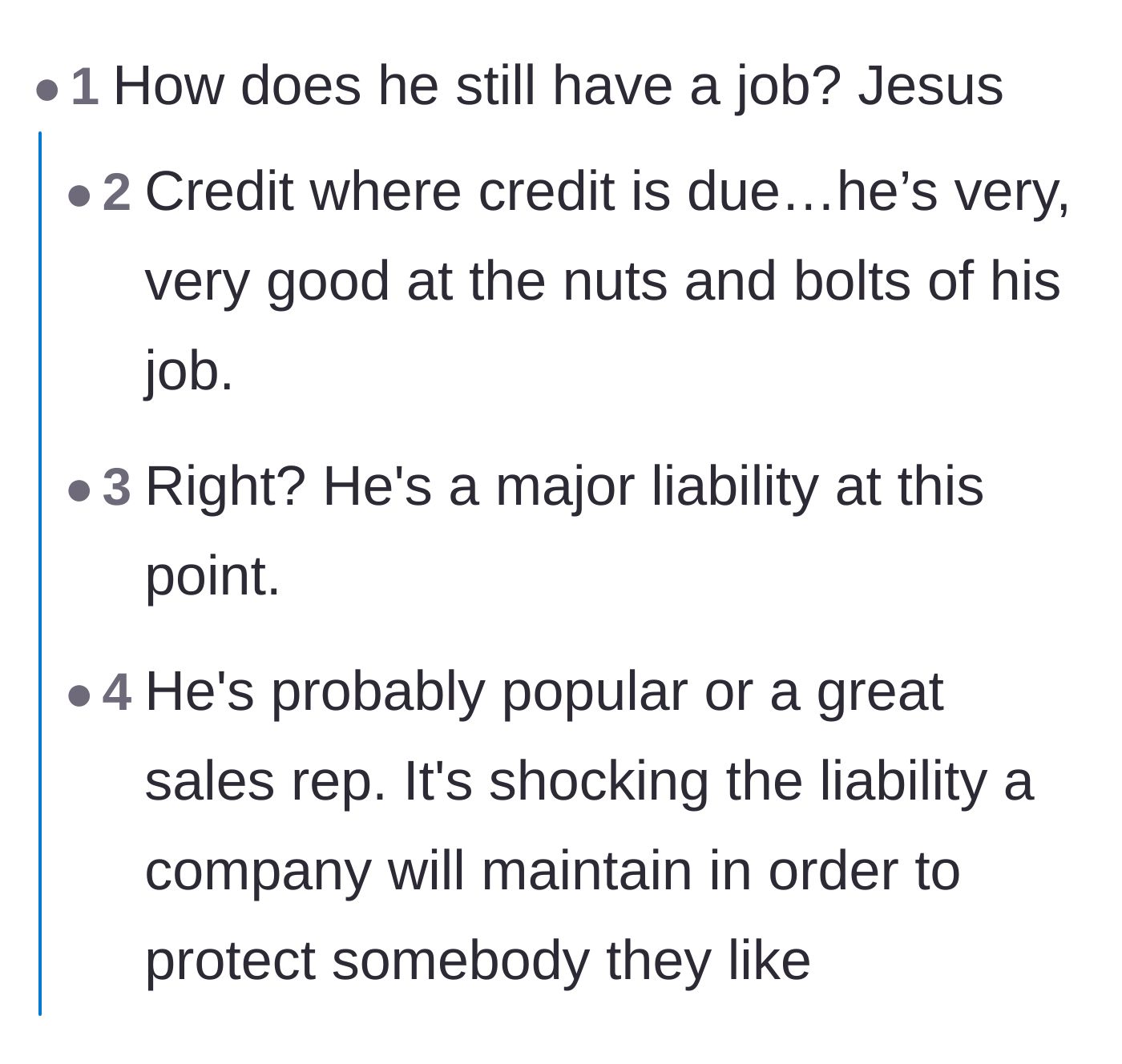 Comment thread 2 - A debate on why toxic employees are kept around, usually because they bring in revenue or possess niche skills.