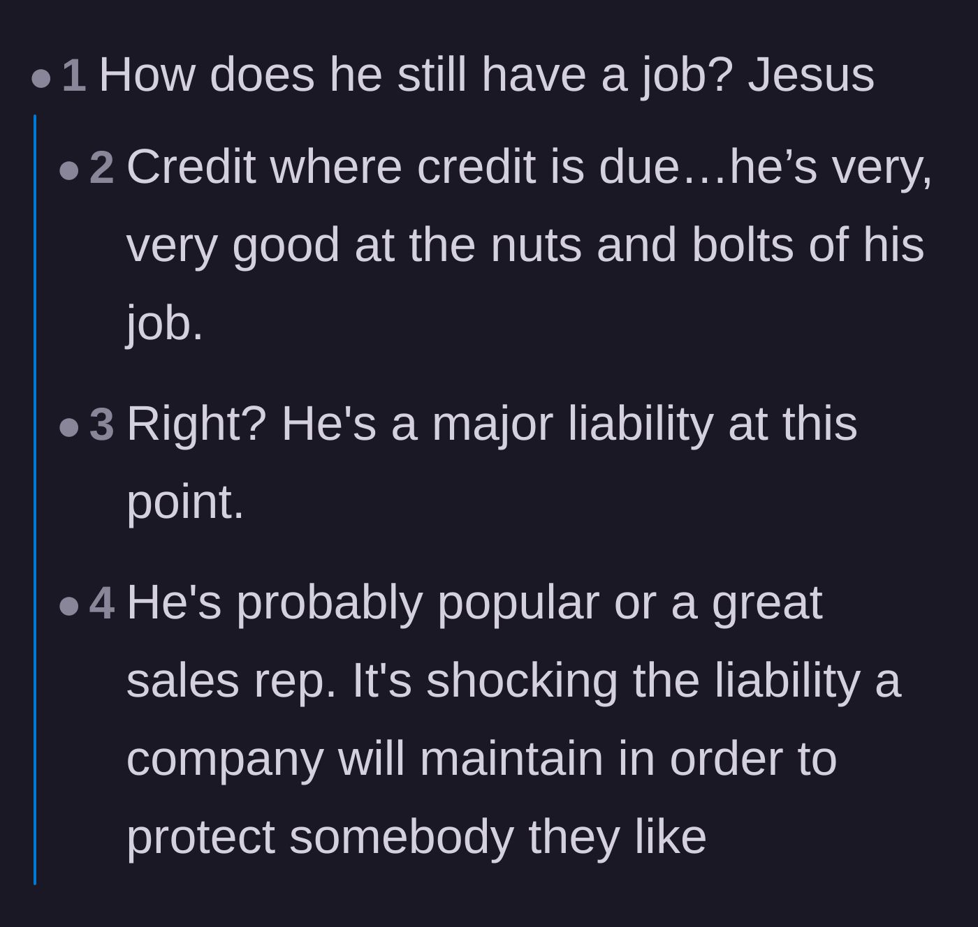 Comment thread 2 - A debate on why toxic employees are kept around, usually because they bring in revenue or possess niche skills.