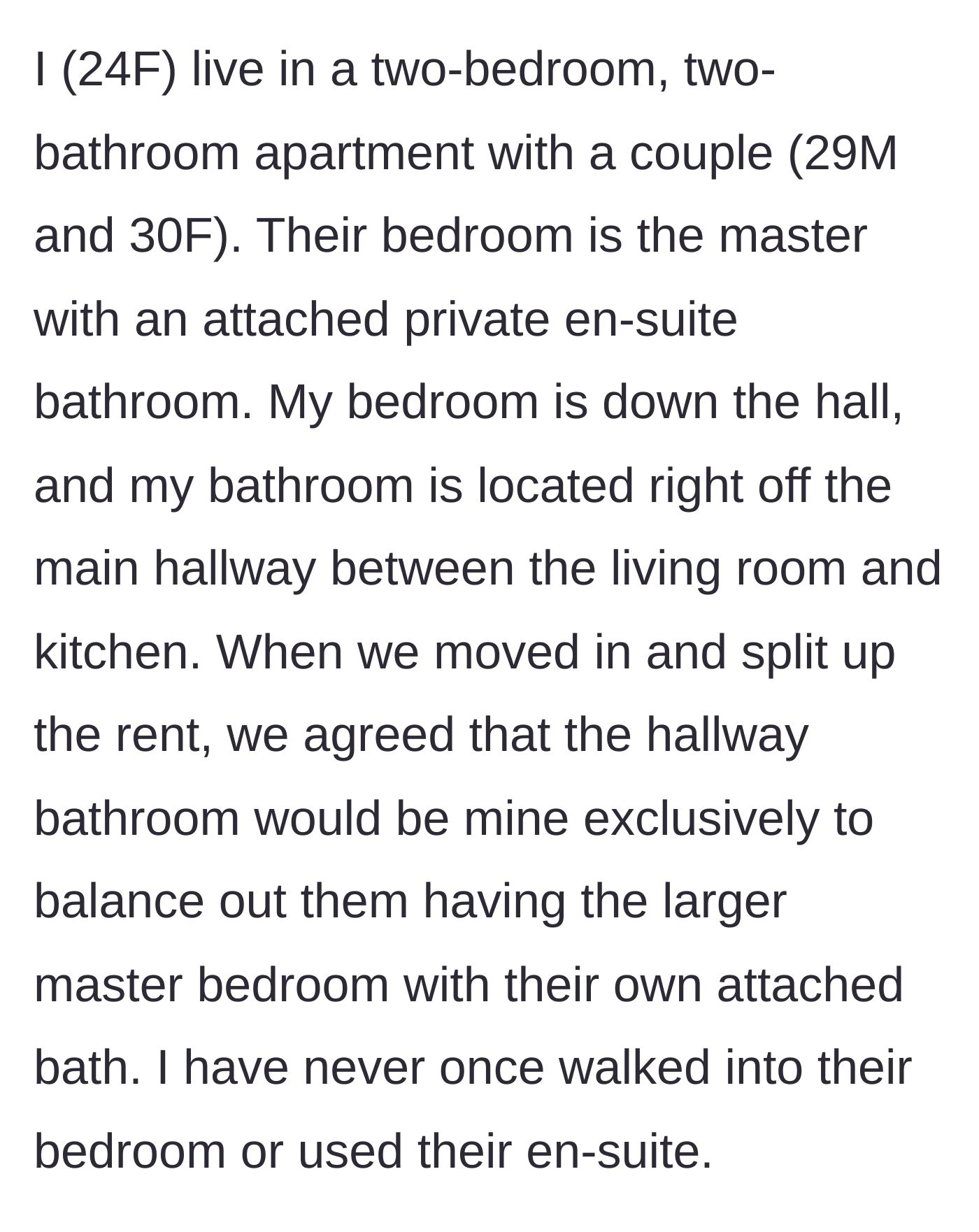 Story part 1 - Setting up the apartment rent division and the initial bathroom agreement.