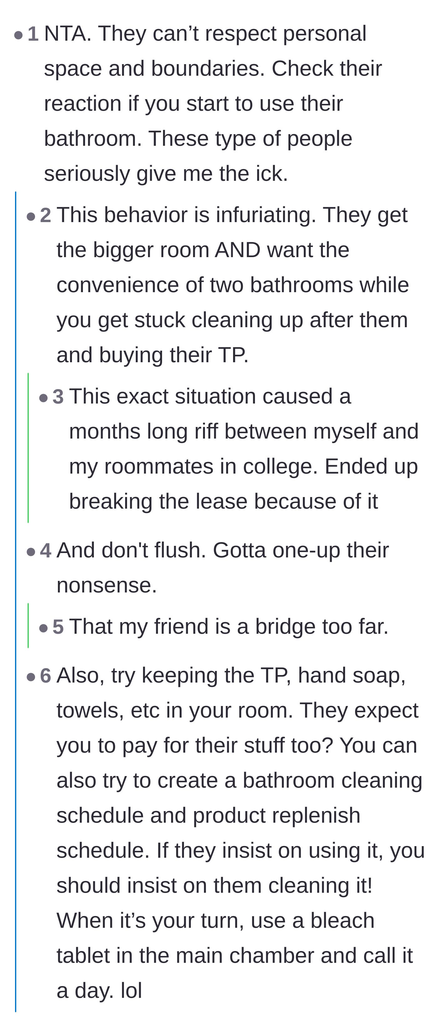 Comment thread 1 - Advice on hiding the toilet paper and installing a keypad lock on the bathroom door.